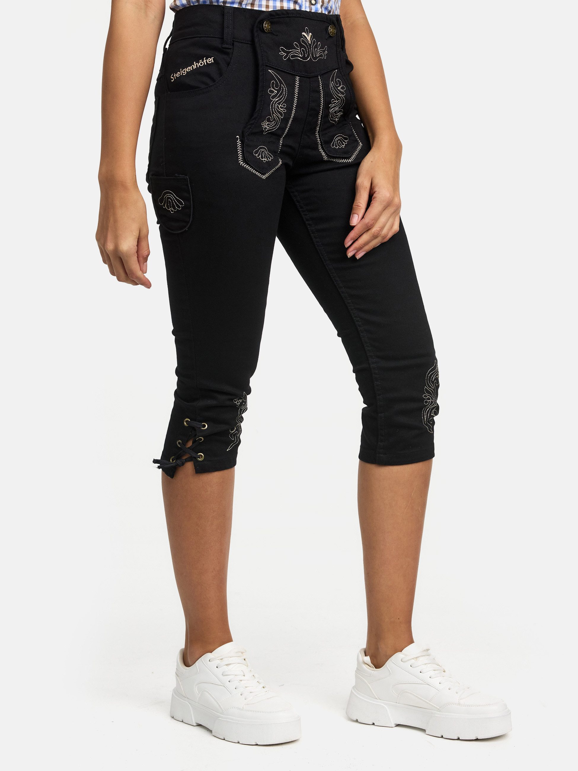 Steigenhöfer Manufaktur Jeansshorts im Lederhosen Look - Damen Shorts - Str günstig online kaufen