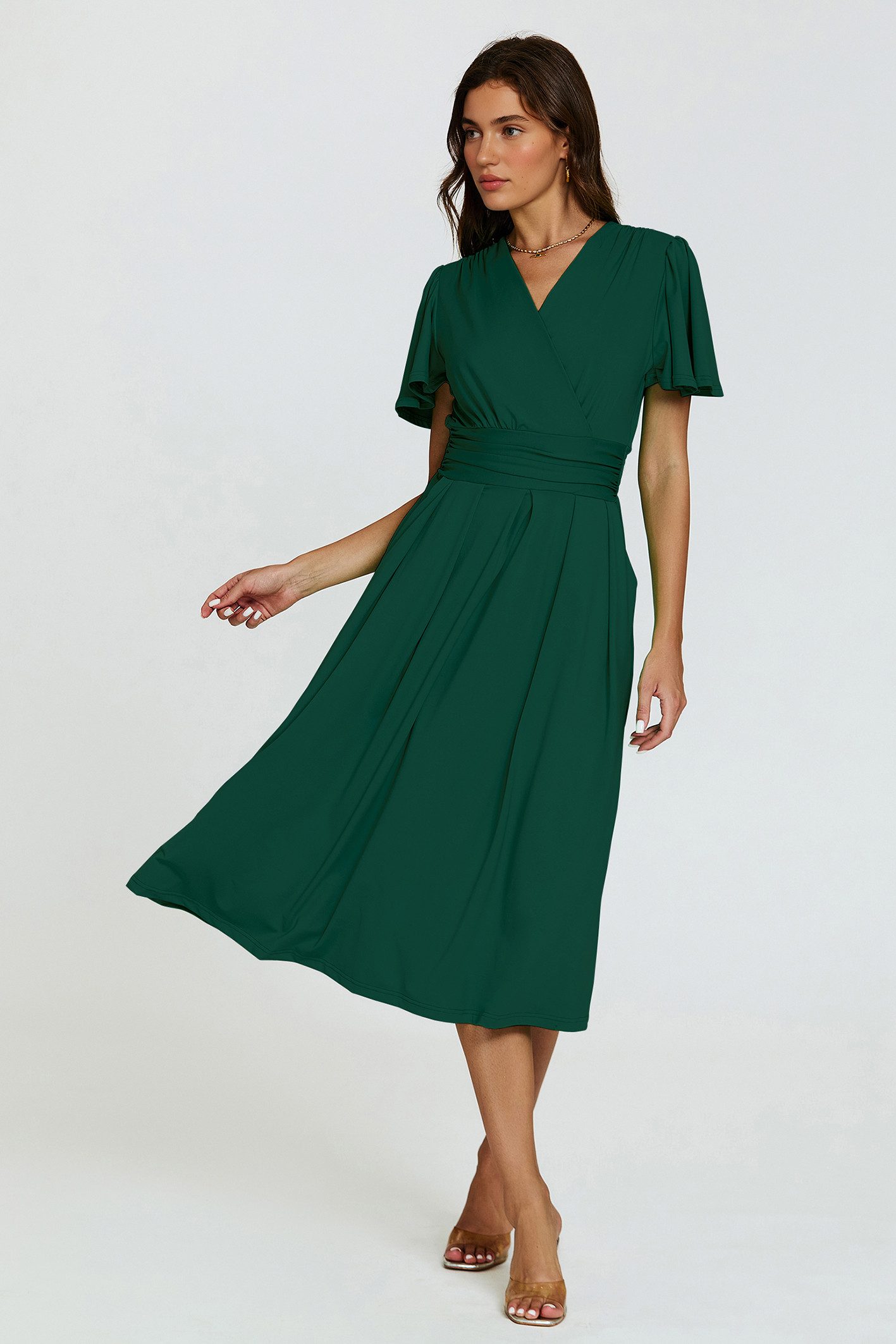 FS Collection Midikleid Damen Midikleid Sommerkleid Freizeitkleid Businesskleid Wickeloptik (Größen: XS (EU:36 / UK:8) · S (EU:38 / UK:10) · M (EU:40 / UK:12) · L (EU:42 / UK:14) · XL (EU:44 / UK:16), 3 Farben : Marineblau, Dunkelgrün und Hellgrün) Wickeloptik, elastische Taille, Seitentaschen, fließender Jersey-Stoff