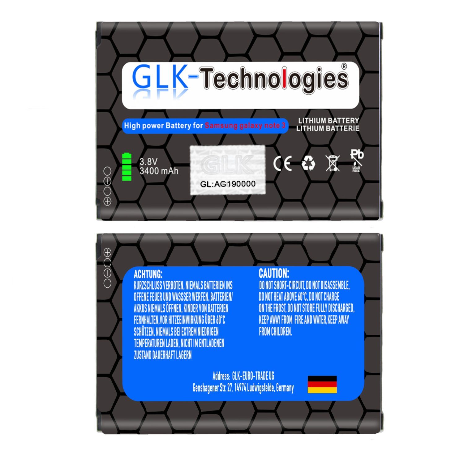 V) Galaxy 3 Akku, 3400 für Note (3.8 GLK EB-B800BE Smartphone-Akku Samsung GT-N GT-N9005 mAh GLK-Technologies GT-N9000