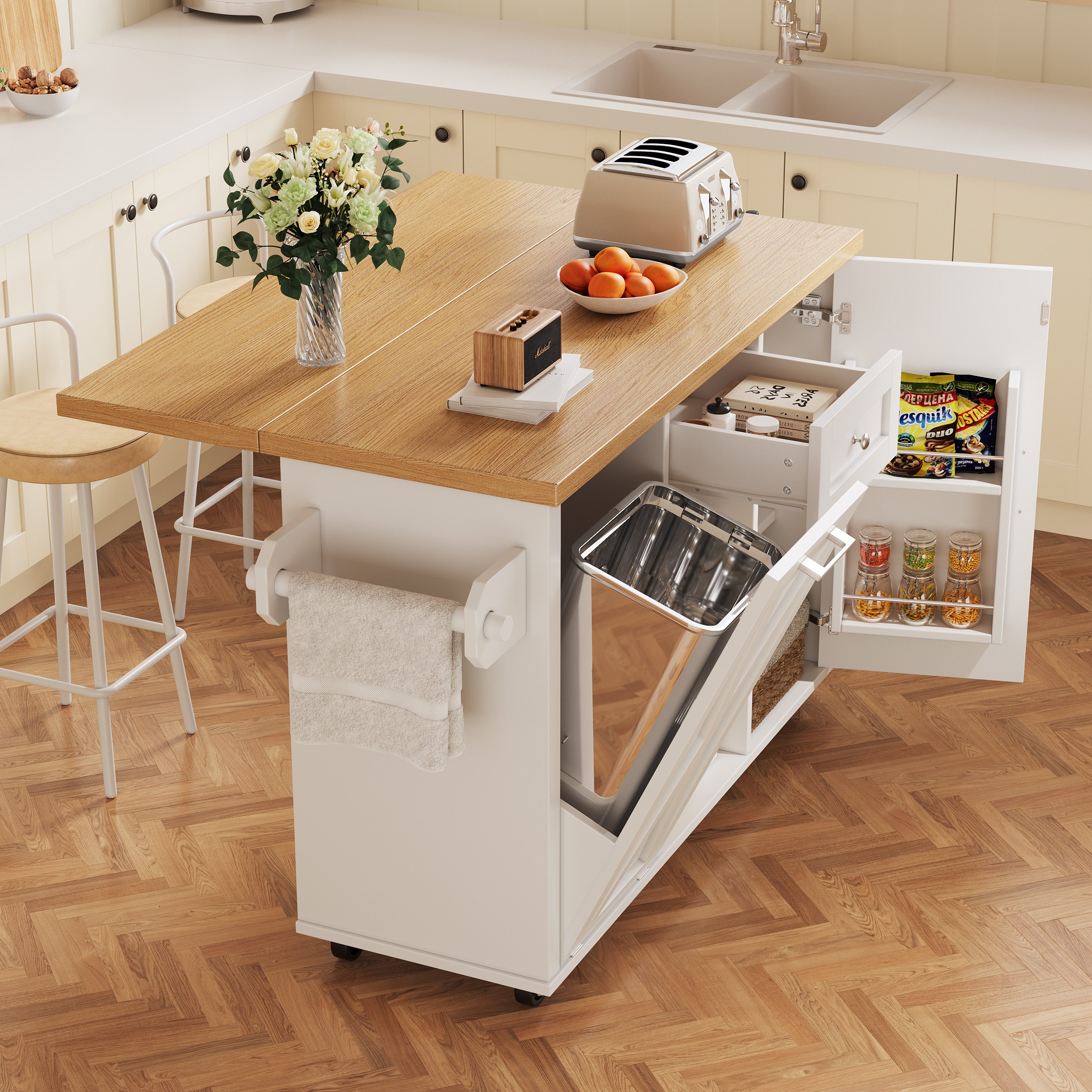 KLAM HOME Küchenwagen Moderne Kücheninsel, Küchenschrank für Mülleimer, buffetschrank, (Multifunktionale Esstisch mit Speicherraum, erstellbaren Regalen), Speisewagen mit Snackregalen und Stretchfunktionsschränken
