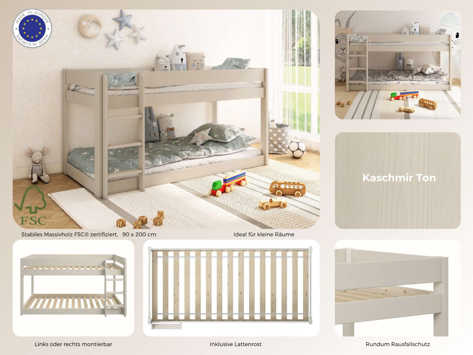 OTTO home Kinderbett ROBIN,Bodenbett,Etagenbett,Leiter/Einstieg seitenverkehrt montierbar (2 Größen), Montessori Stil, zertifiziertes Massivholz