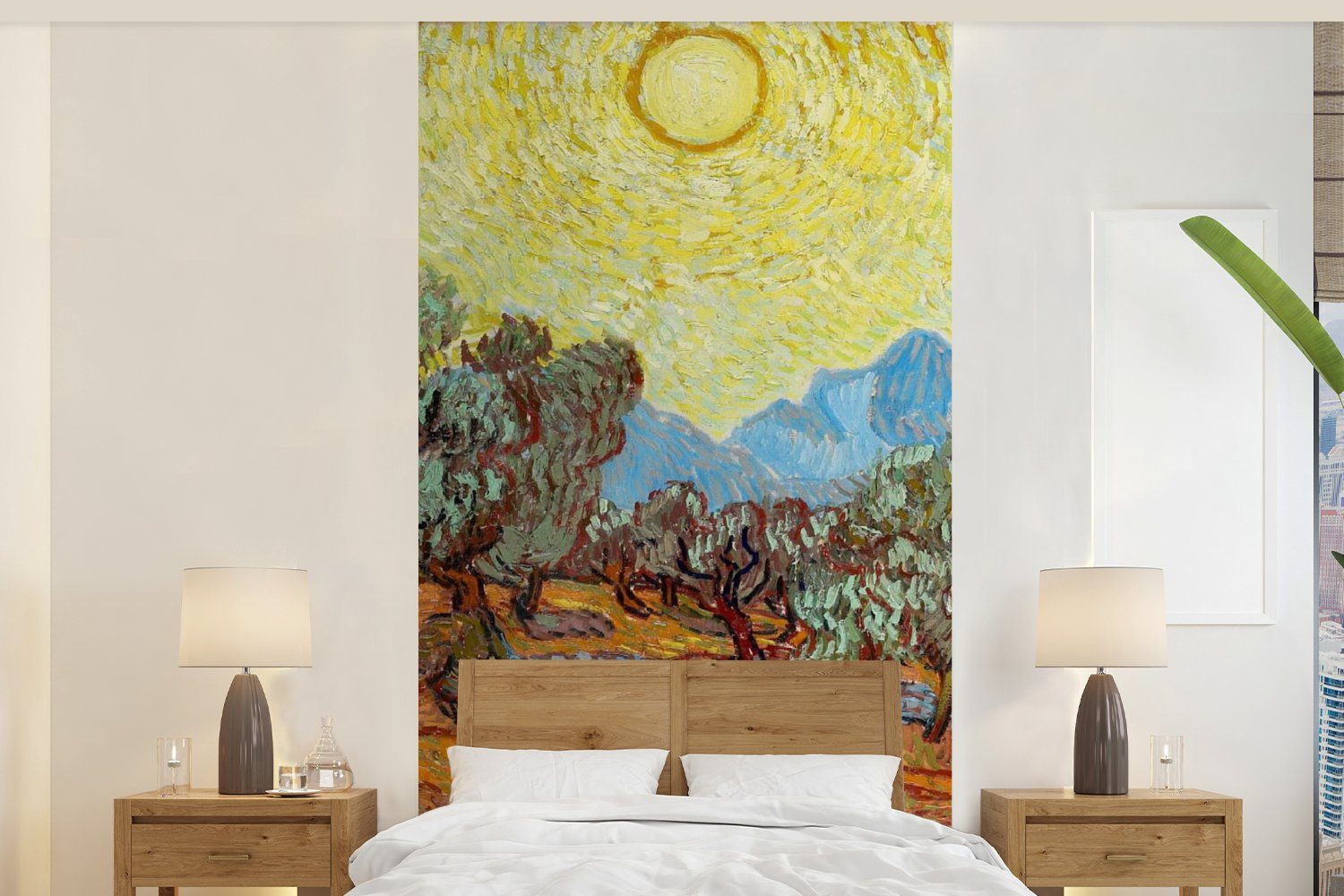 MuchoWow Fototapete Olivenbäume mit gelbem Himmel und Sonne - Vincent van Gogh, Matt, bedruckt, (2 St), Vliestapete für Wohnzimmer Schlafzimmer Küche, Fototapete