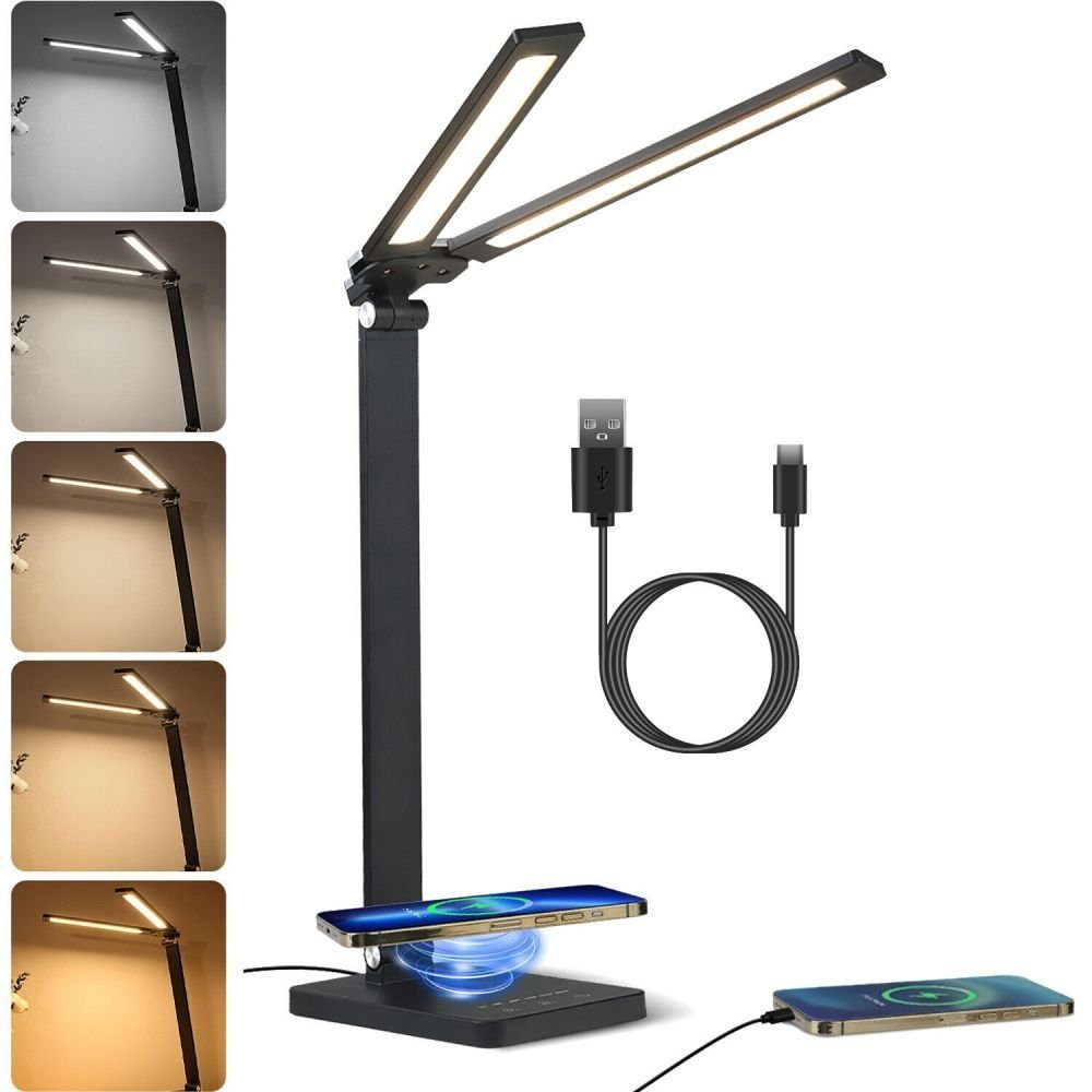 JOYOLEDER Schreibtischlampe Doppelkopf LED Schreibtischlampe, LED Tischlampe, mit kabellose Ladestation,Dimmbar