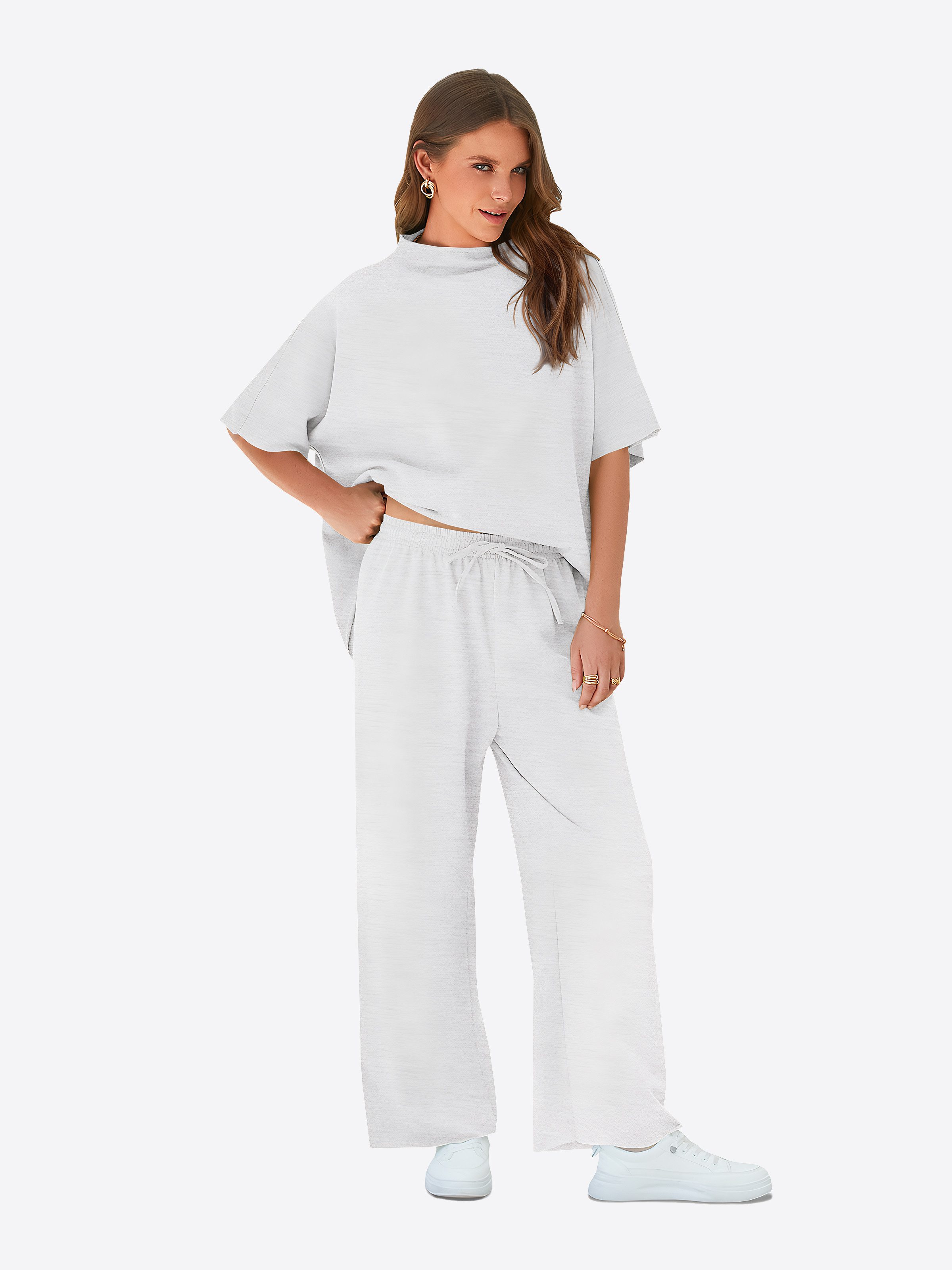 Imily Bela Hausanzug Damen Lounge-Set (Set, 2 tlg., Pullover-Oberteil mit 3/4-Fledermausärmeln + weite Hosen) Einfarbig