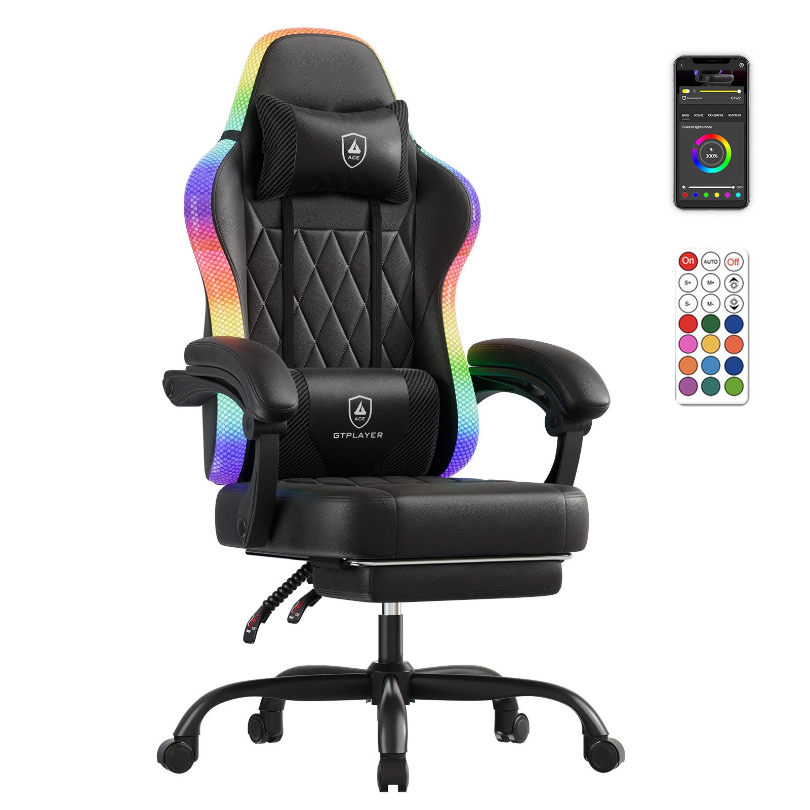 GTPLAYER Gaming-Stuhl Bürostuhl Gaming Chair mit LED Lichtleiste, Gamer Stuhl, Rückenlehne mit Aufbewahrungstasche PC Stuhl mit Fernbedienung