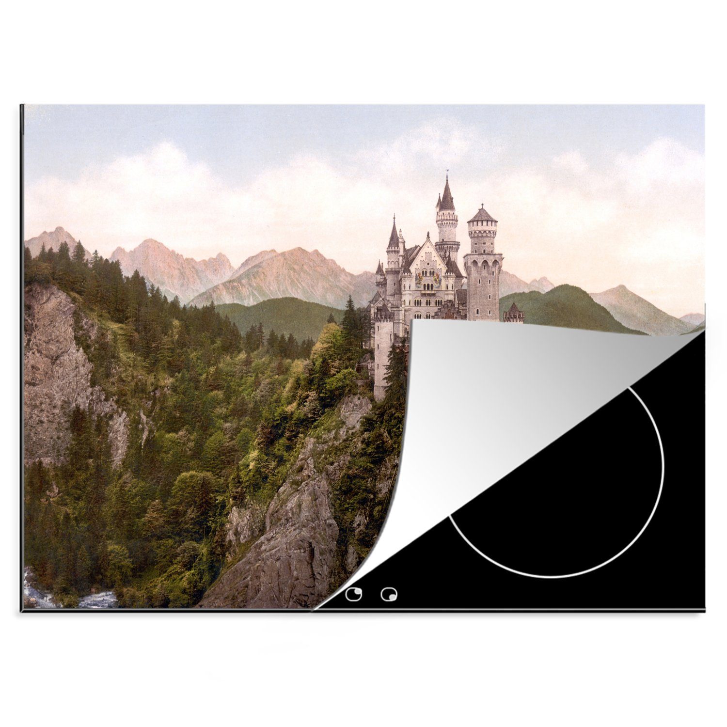 MuchoWow Herdblende-/Abdeckplatte Schloss - Neuschwanstein - Felsen, Vinyl, (1 tlg), 70x52 cm, Mobile Arbeitsfläche nutzbar, Ceranfeldabdeckung