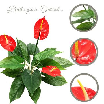 Kunstpflanze Anthurie Kunstblume künstlich im Topf Calla Flamingoblume Rot 1239 Flamingo Blume Anthurium, PassionMade, Höhe 60 cm, Pflanze Blüten Blühpflanze unecht wie echt