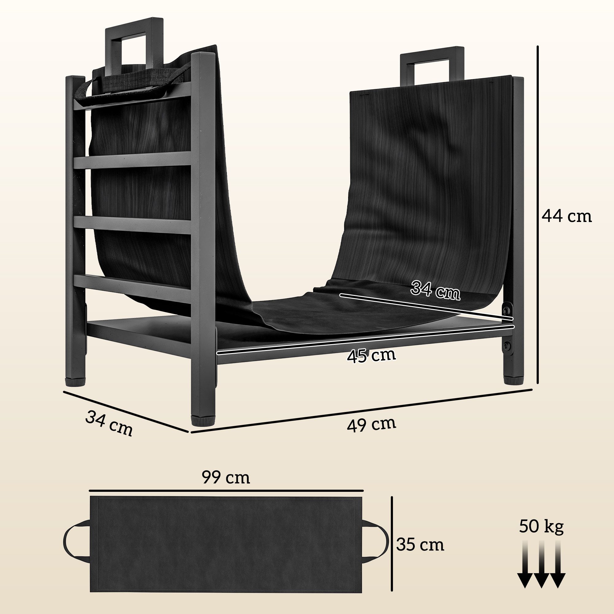 Outsunny Kaminholzregal mit abnehmbarem Tragebeutel, BxTxH:49x34x44 cm, (Feuerholzregal, 1-St., Brennholzregal), für Outdoor, Indoor, bis 50 kg, Metall, Schwarz
