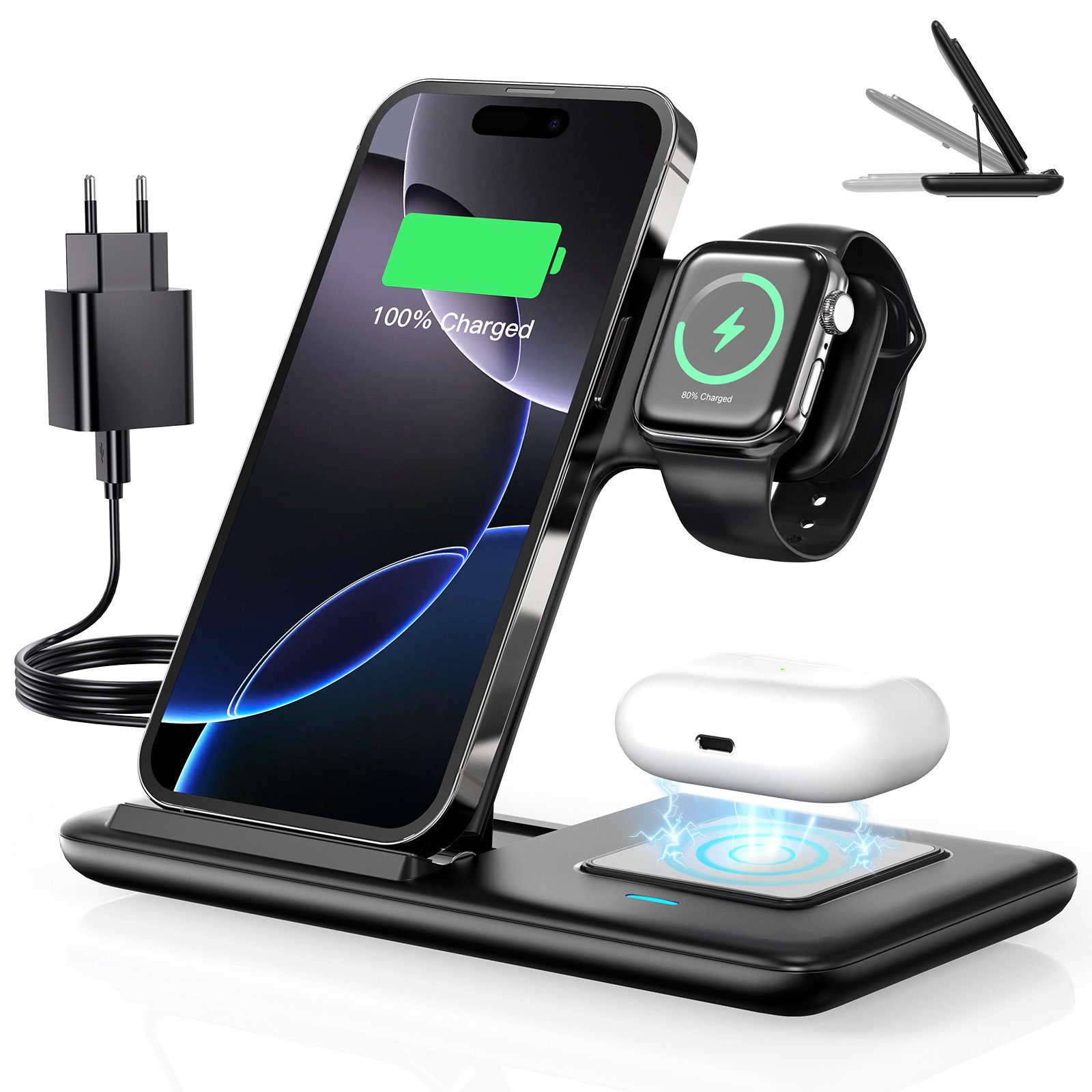 AeroAxis 3 in 1 Multifunktion Faltbarer Wireless Charger Induktions-Ladegerät Ladestation (Schnellladegerät, Kabelloses induktives Laden für Samsung, iOS, Watch)