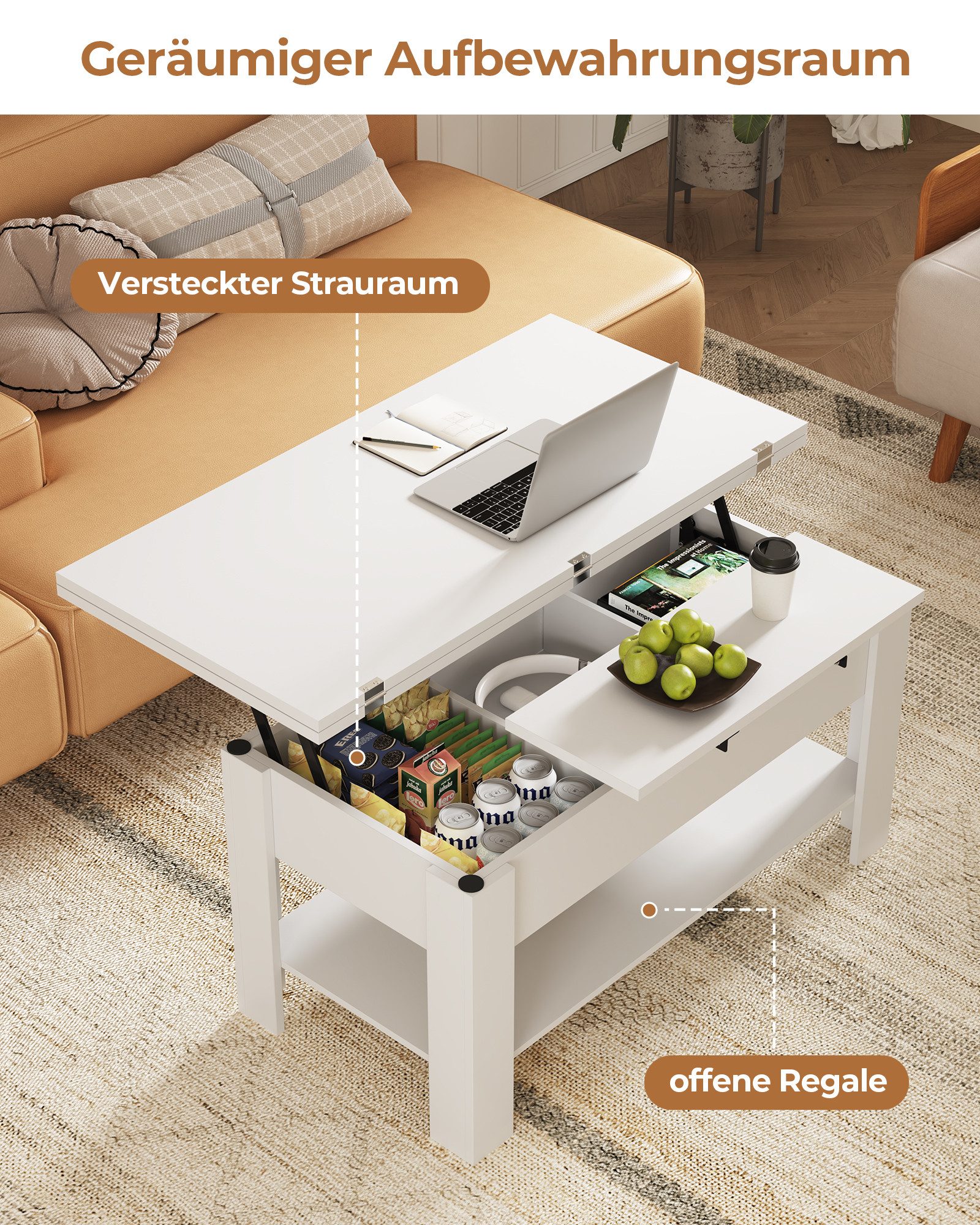 MSMASK Couchtisch Höhenverstellbarer Kaffeetisch mit Verstecktem Stauraum, und Ablage für Wohnzimmer, Weiß – Bild 4 von 5