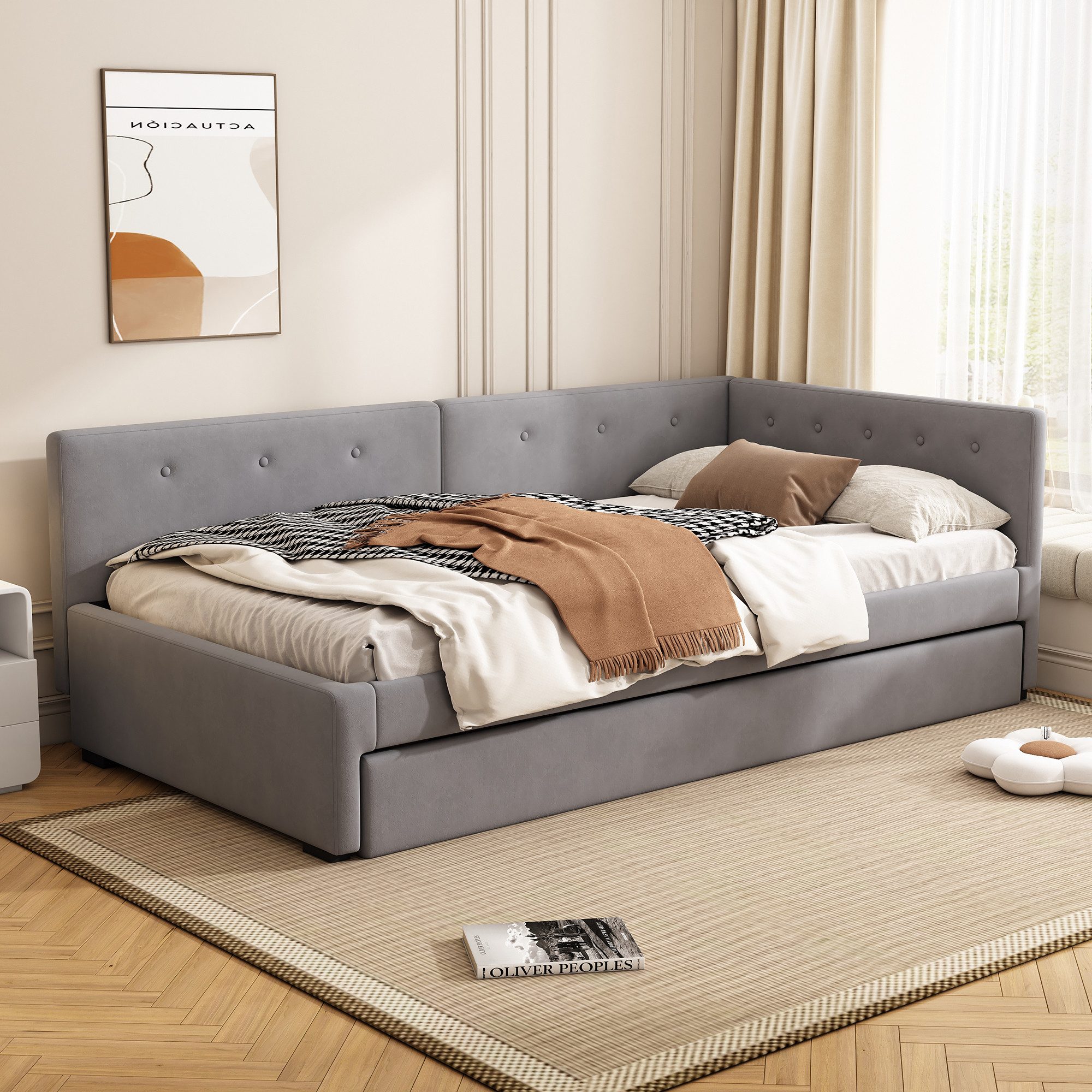 STILVORA Schlafsofa mit bettfunktion,Polsterbett 90x200,Tagesbett ausziehbar, Bettgestell aus Holz, minimalistisches Styling, Ohne Matratze