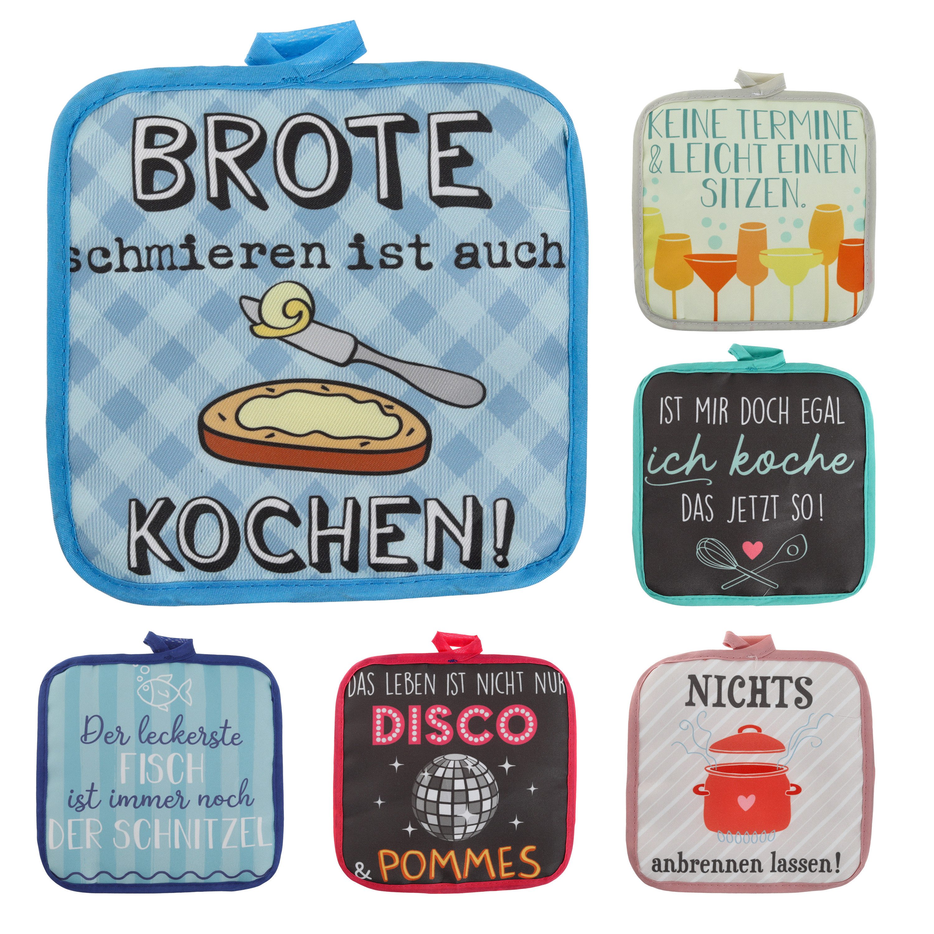 CEPEWA Topflappen Topflappen Sprüche 6er Set 18x18x0,5cm Polyester bunt Küchenhelfer