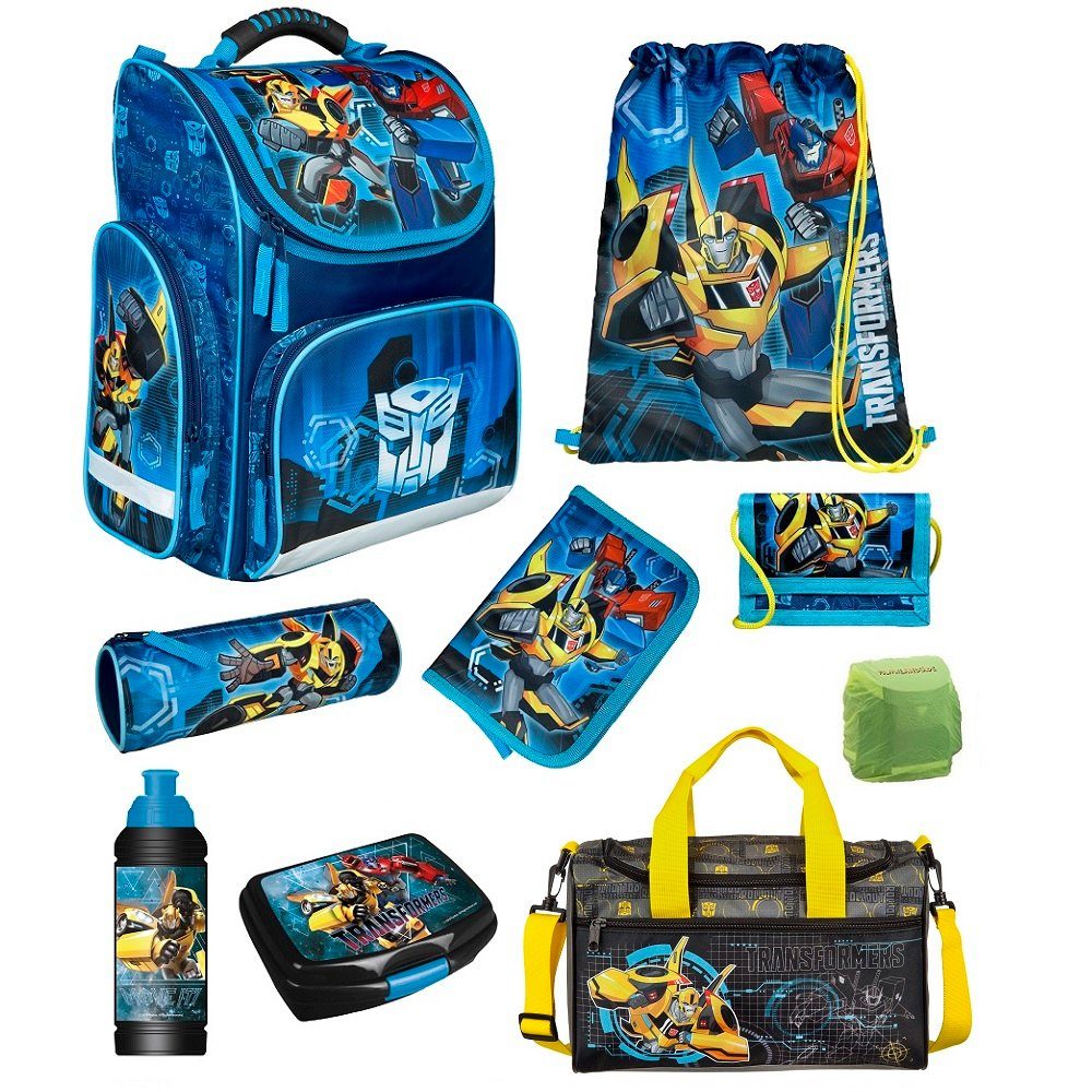 Familando Schulranzen Clou (Set, inkl. Federmäppchen (nicht gefüllt) und  Sporttasche), TRANSFORMERS Optimus Prime & Bumblebee Auto-Roboter Blau