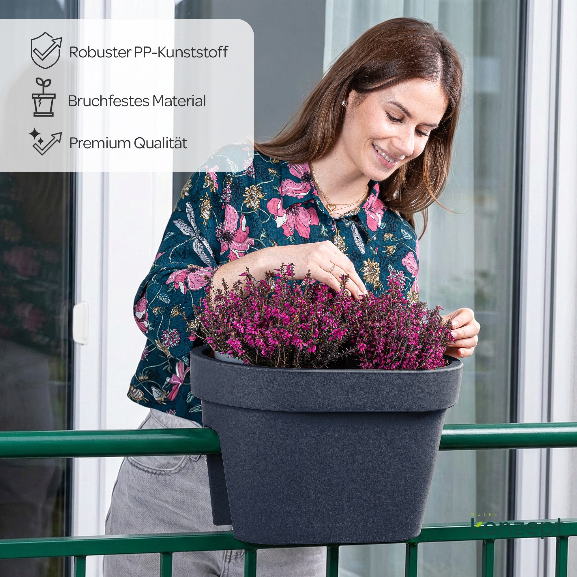 KONZEPT Blumenkasten für Balkongeländer, Geprägtem Rand, 12,3 L, Leicht, Rostbeständig, UV-beständig, Verrottungsbeständig, 40 x 27 cm – Bild 5 von 5