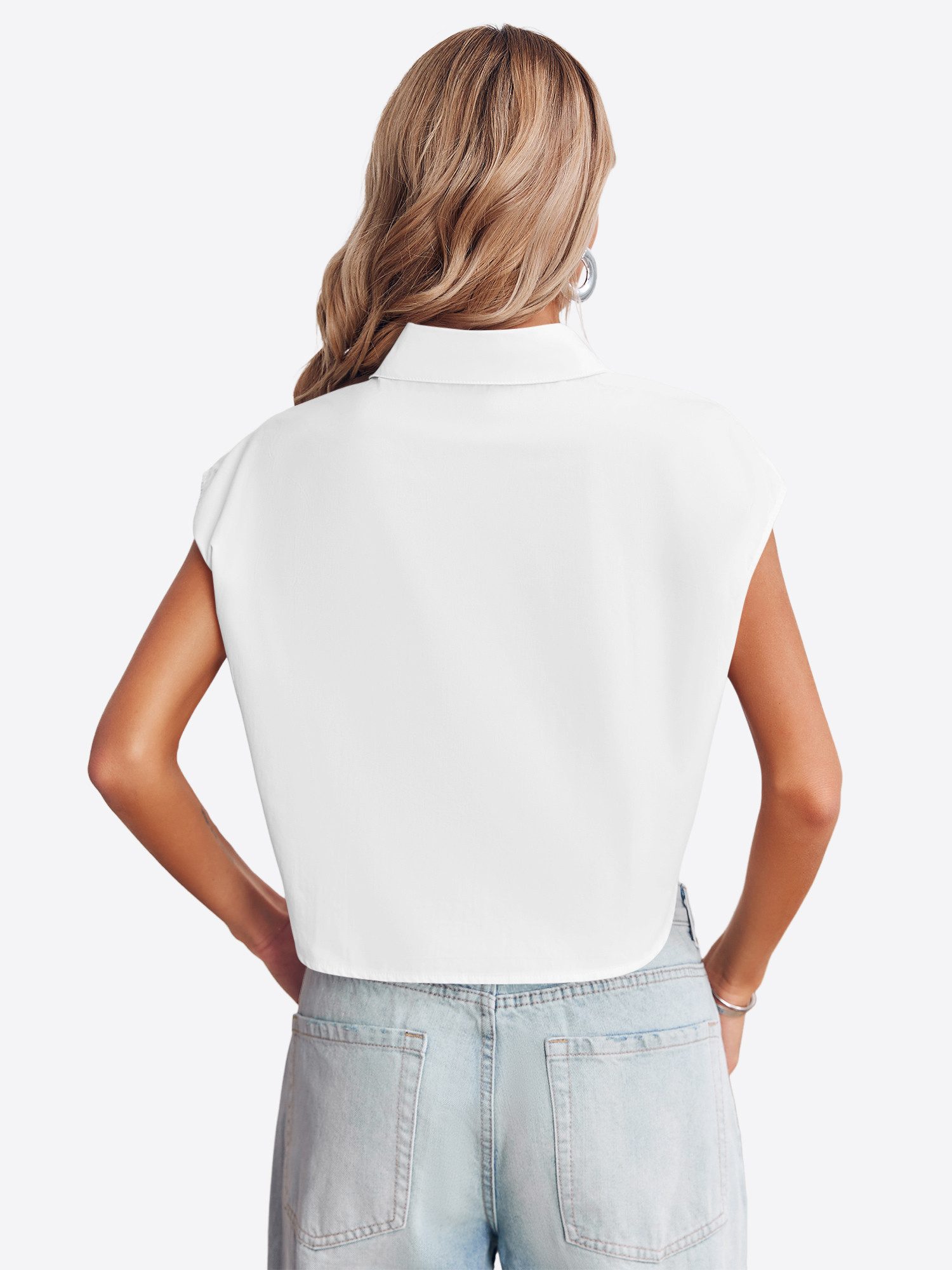Imily Bela Blusenshirt Damen Ärmellose Cropped mit Brusttaschen und Kragen Casual (Packung, 1-tlg., 1per-Pack) aus Baumwolle in Unifarbe