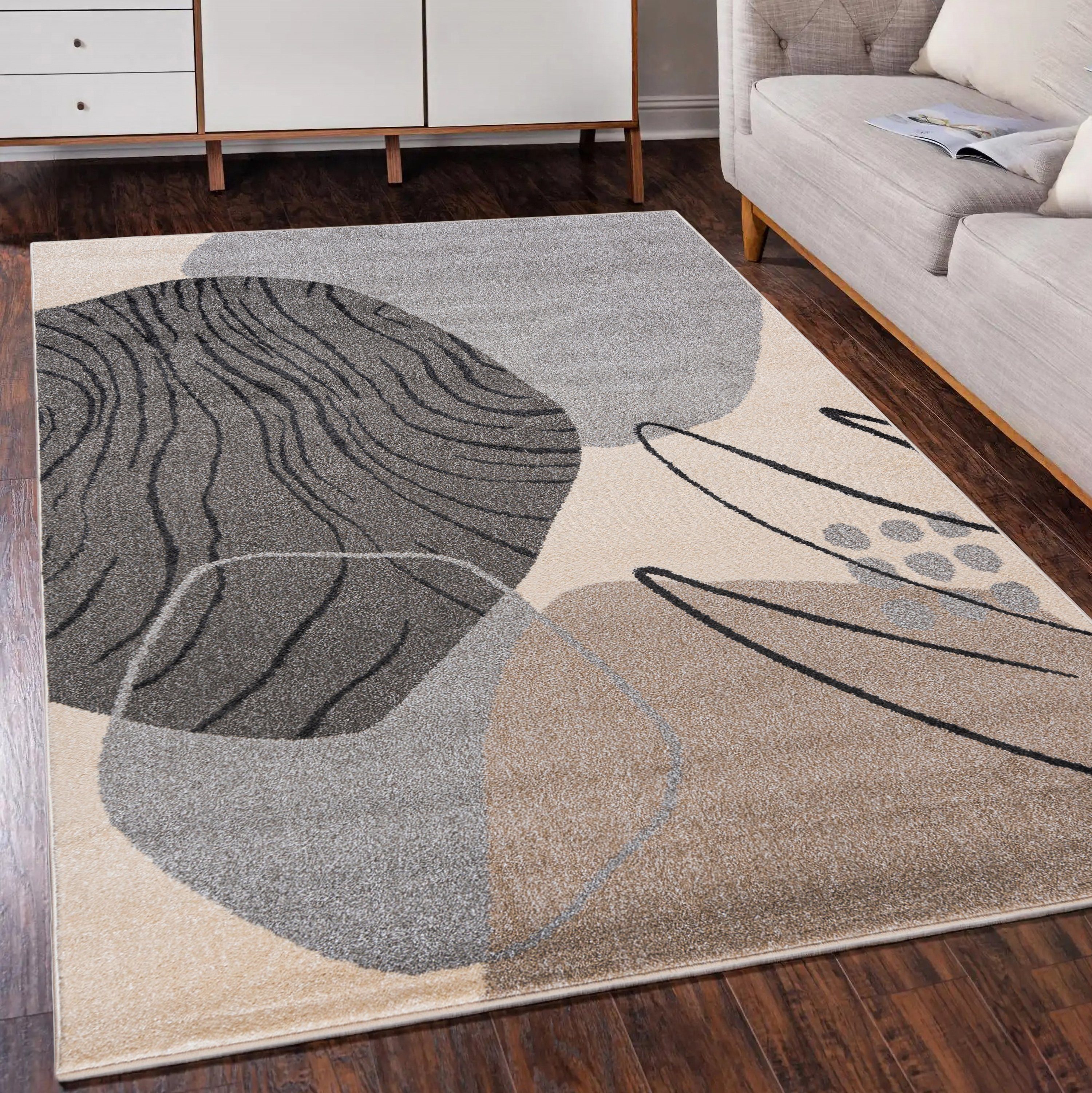 Designteppich Modern Teppich Kurzflor Wohnzimmerteppich Japandi Scandi Beige Grau, Mazovia, 80 x 150 cm, Fußbodenheizung, Allergiker geeignet, Farbecht, Pflegeleicht