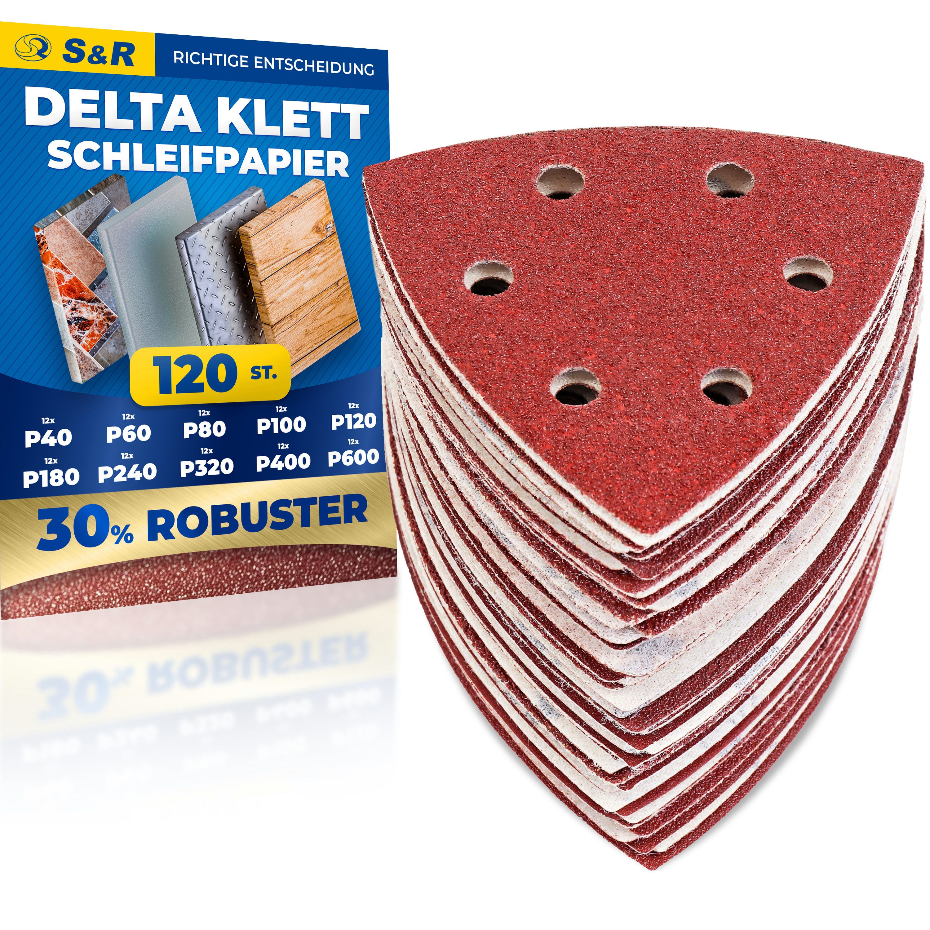 S&R Schleifdreieck Schleifpapier Profi Set 93 mm x 93 mm für professionellen Einsatz, (Set, 60 St., Je 10x P40, P60, P80, P120, P180 und P240), für Metalle, NE-Metalle, Stahl und Legierungen, Holz, Kunststoffe