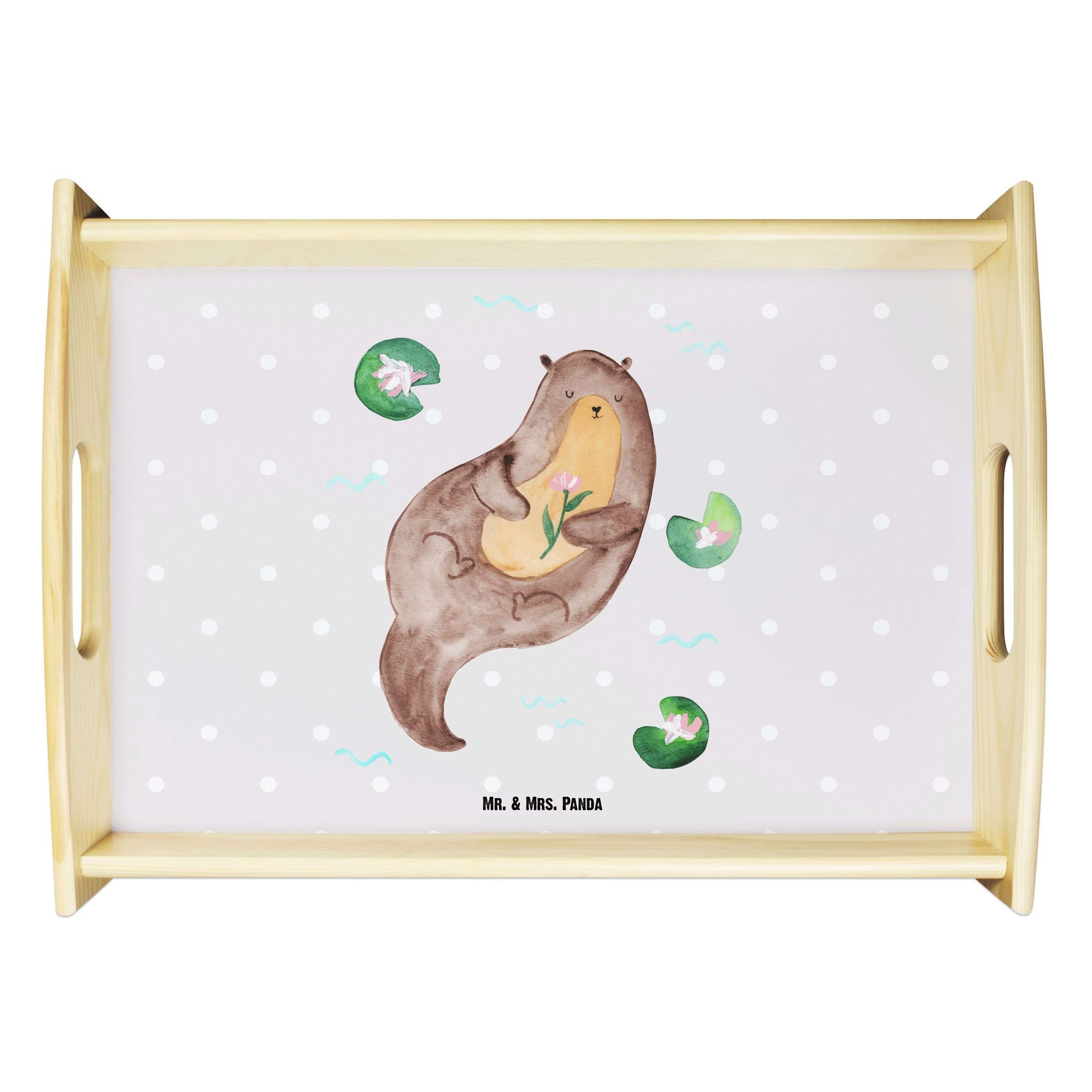 Mr. & Mrs. Panda Tablett Otter mit Seerose - Grau Pastell - Geschenk, Fluss, Frühstückstablett, Echtholz lasiert, (1-tlg)