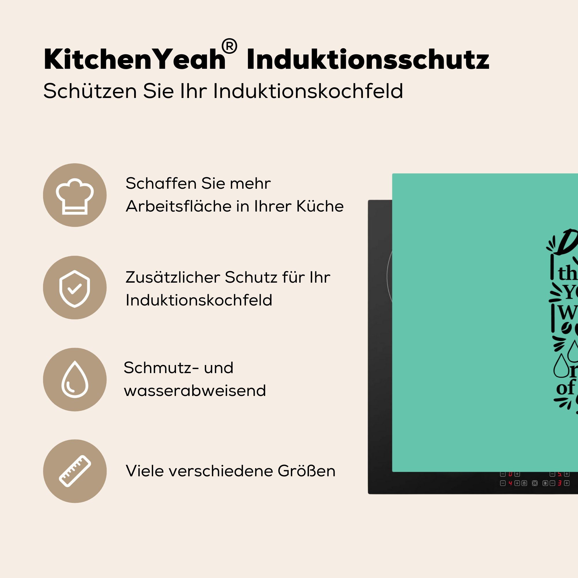 MuchoWow Herdblende-/Abdeckplatte Kaffee für (1 Schutz Ceranfeldabdeckung Induktionskochfeld 81x52 Grün, die - tlg), Vinyl, - küche, Zitate cm