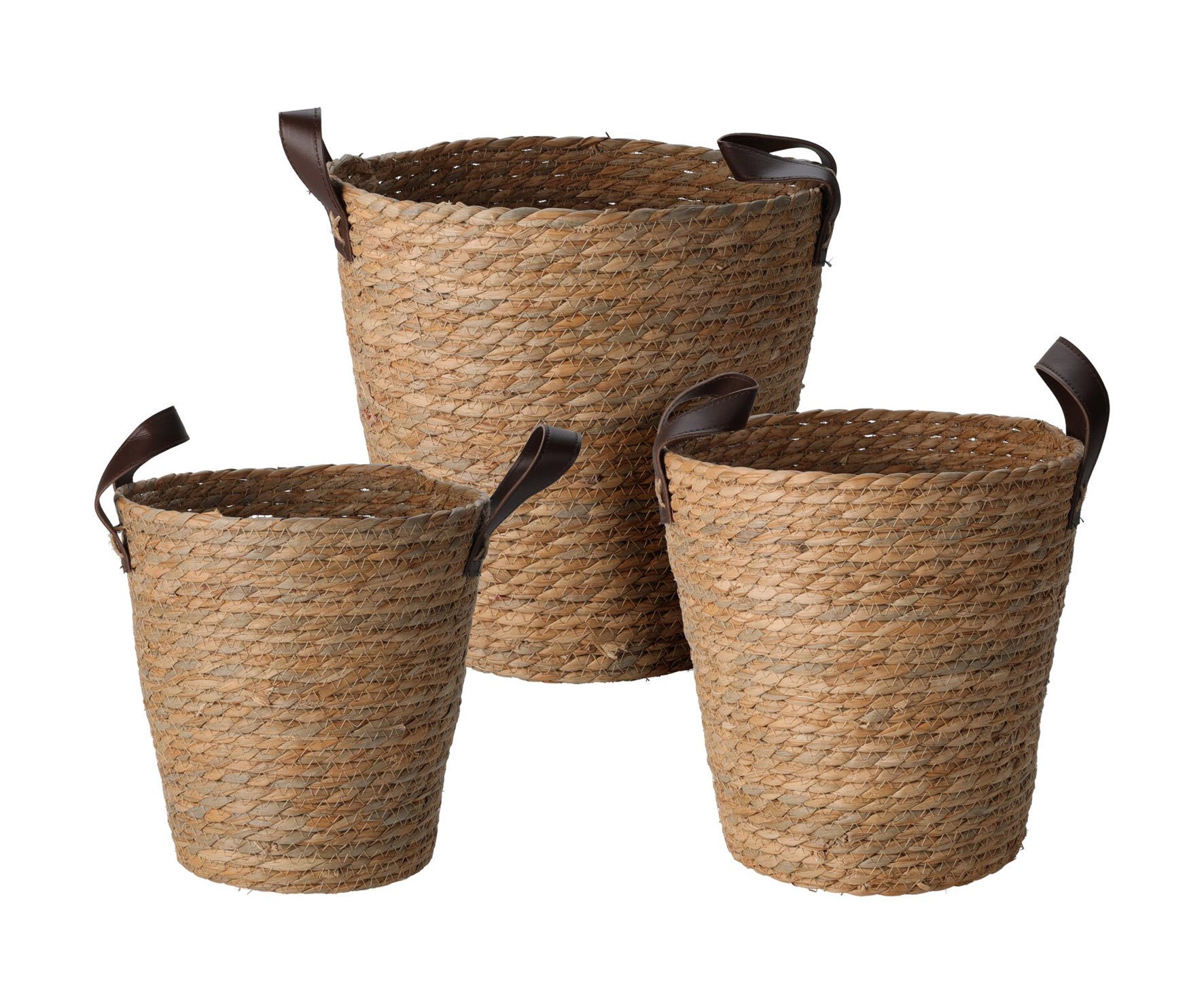 Spetebo Allzweckkorb Aufbewahrungskorb Seegras 3er Set - 30/26/24 cm (Packung, 1 tlg), Mehrzweck Korb Set mit Griffen aus Kunstleder