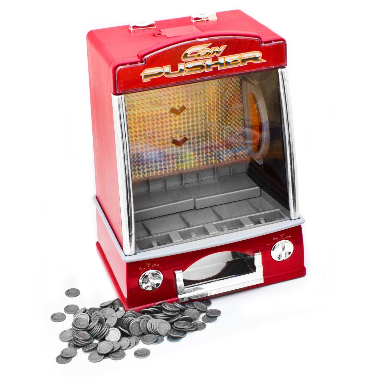 Goods+Gadgets Spiel Münzschieber-Spielautomat – Arcade-Spiel mit Ton, Licht und 100 Münzen, Coin-Pusher Geldspielautomat, Glückspiel-Automat