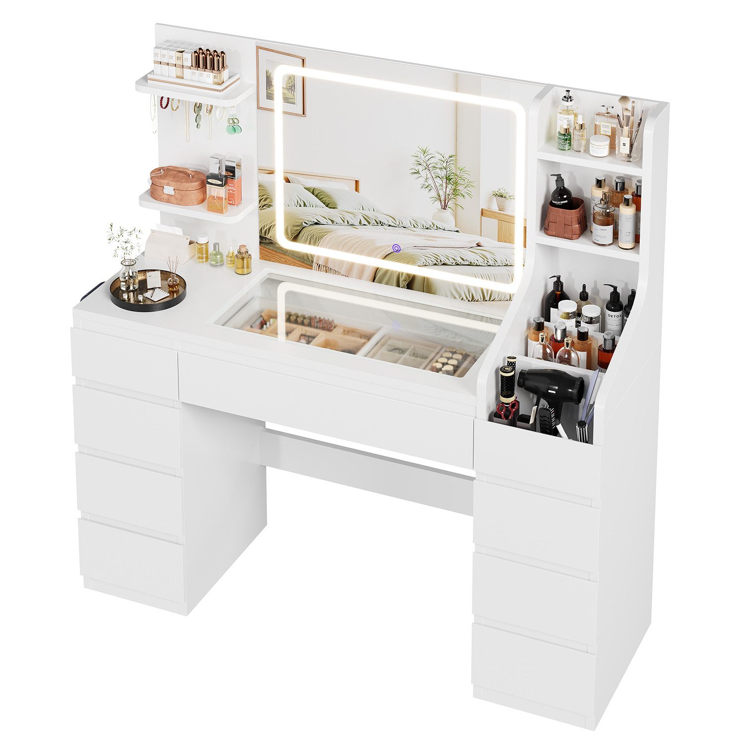 Furnicopia Schminktisch Großer Schminktisch mit LED-Beleuchtung, dimmbar, mit viel Stauraum (Maße: 135 × 40 × 137 cm, Arbeitsplatte aus gehärtetem Glas, mit 7 offenen Ablagefächern + 9 Schubladen, 2 Steckdosen + 1 USB-Anschluss + 1 Typ-C-Anschluss, Halterung für den Föhn-ostern geschenke)