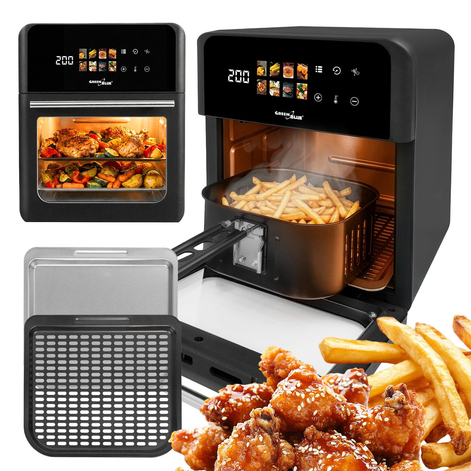 GreenBlue Heißluftfritteuse, 1800 W, Air Fryer ohne Öl, LED Touch, Timer, Sichtfenster, Zubehör