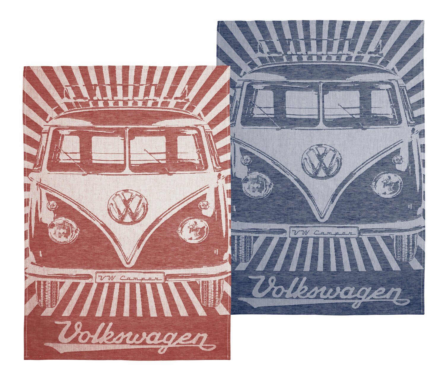 VW Collection by BRISA Geschirrtuch Volkswagen Küchentuch im T1 Bulli Bus Design, (2er-Set), rot/blaue Handtücher Strahlen/Vintage Rot & Blau