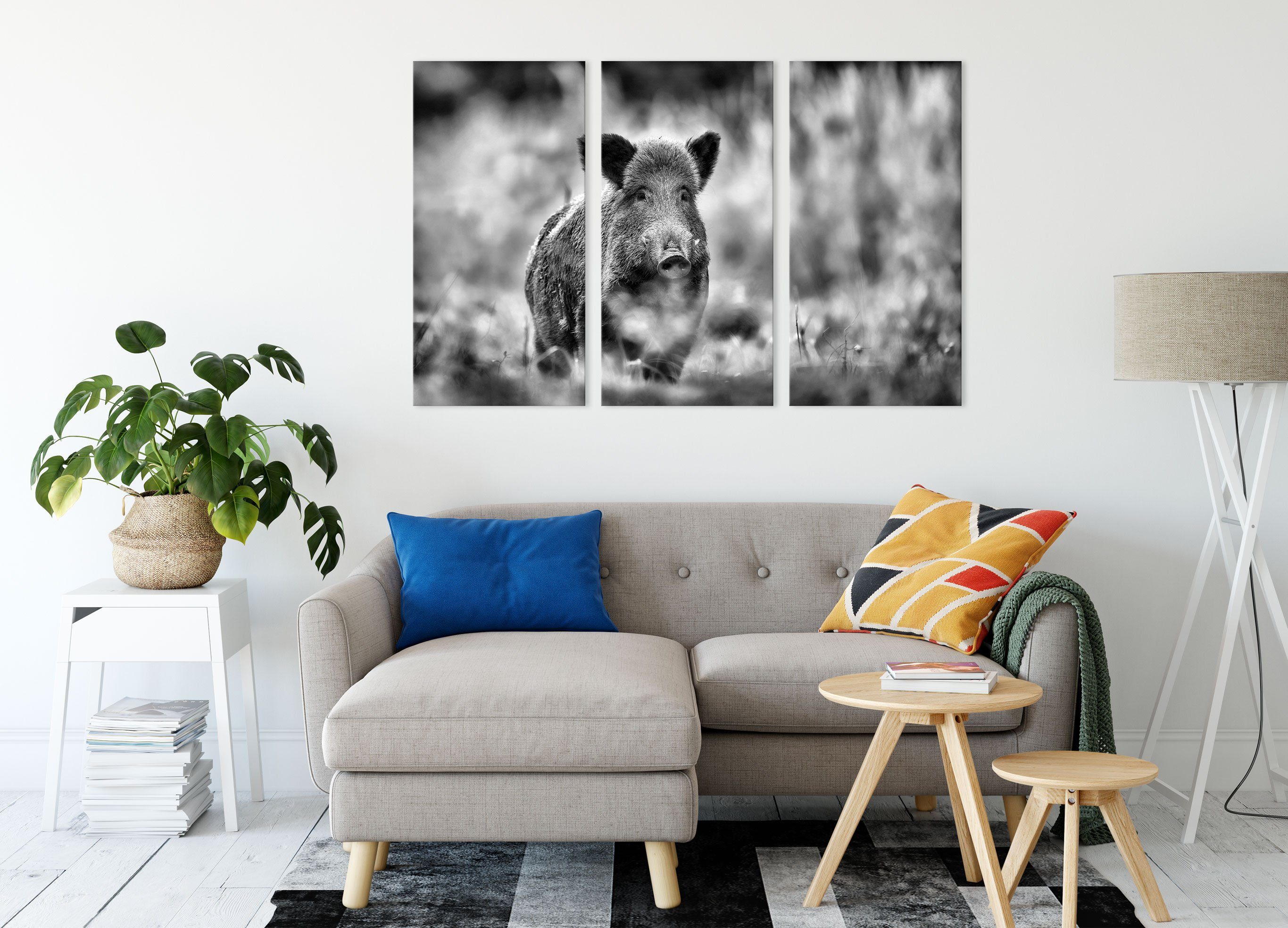 Leinwandbild Leinwandbild Wald fertig Zackenaufhänger (1 Wildschwein (120x80cm) Wald, im 3Teiler Wildschwein St), bespannt, Stolzes inkl. Stolzes Pixxprint im