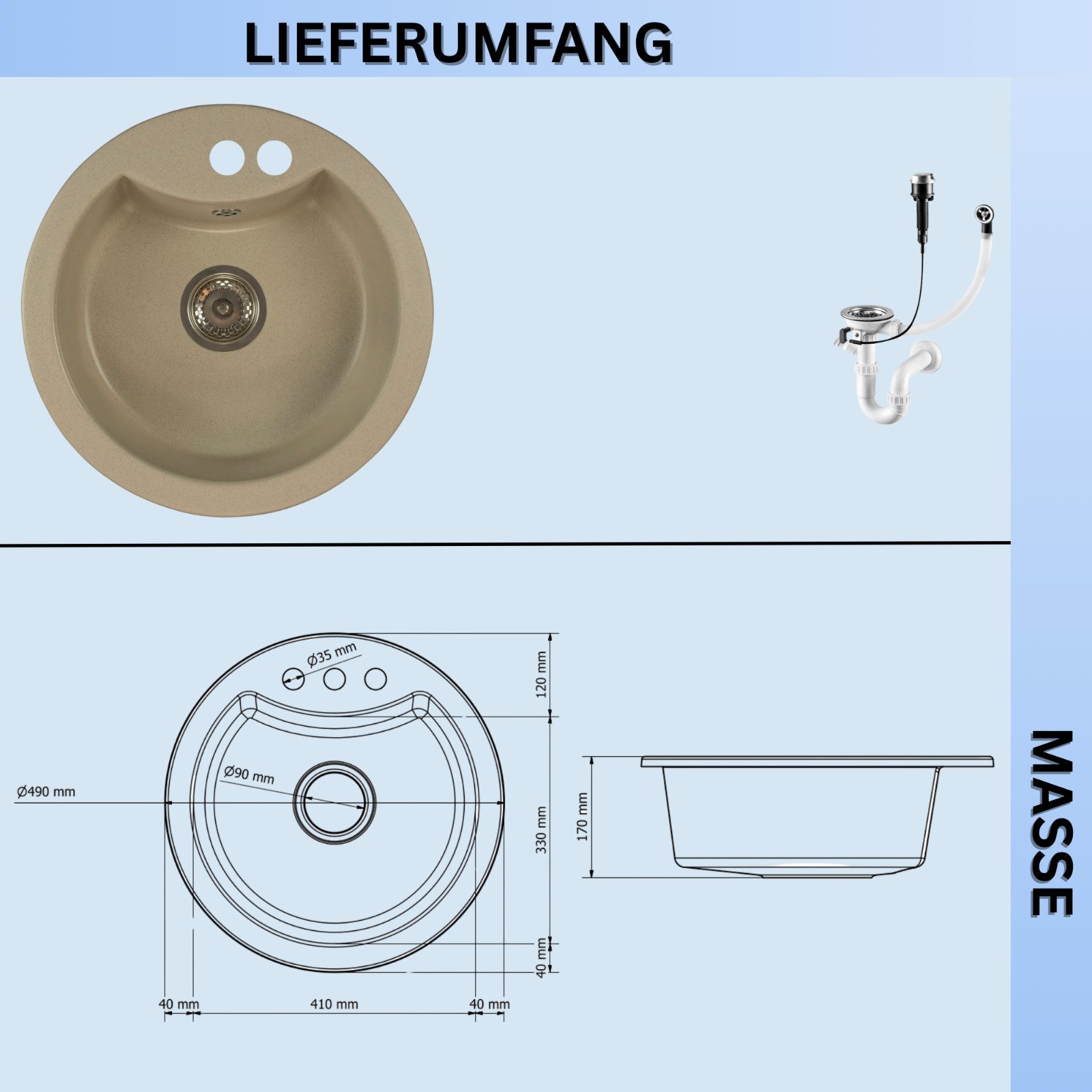 Faizee Möbel Granitspüle Granit Spüle Einbauspüle rund Spülbecken+Drehexcenter+Siphon 49cm, Rund