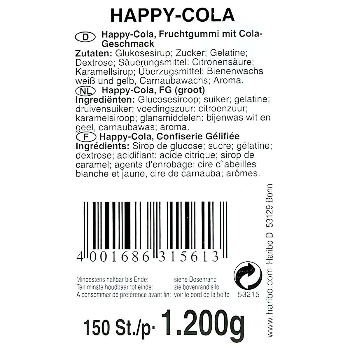 HARIBO Süßigkeit Happy Cola, 150 Stück /1200 g