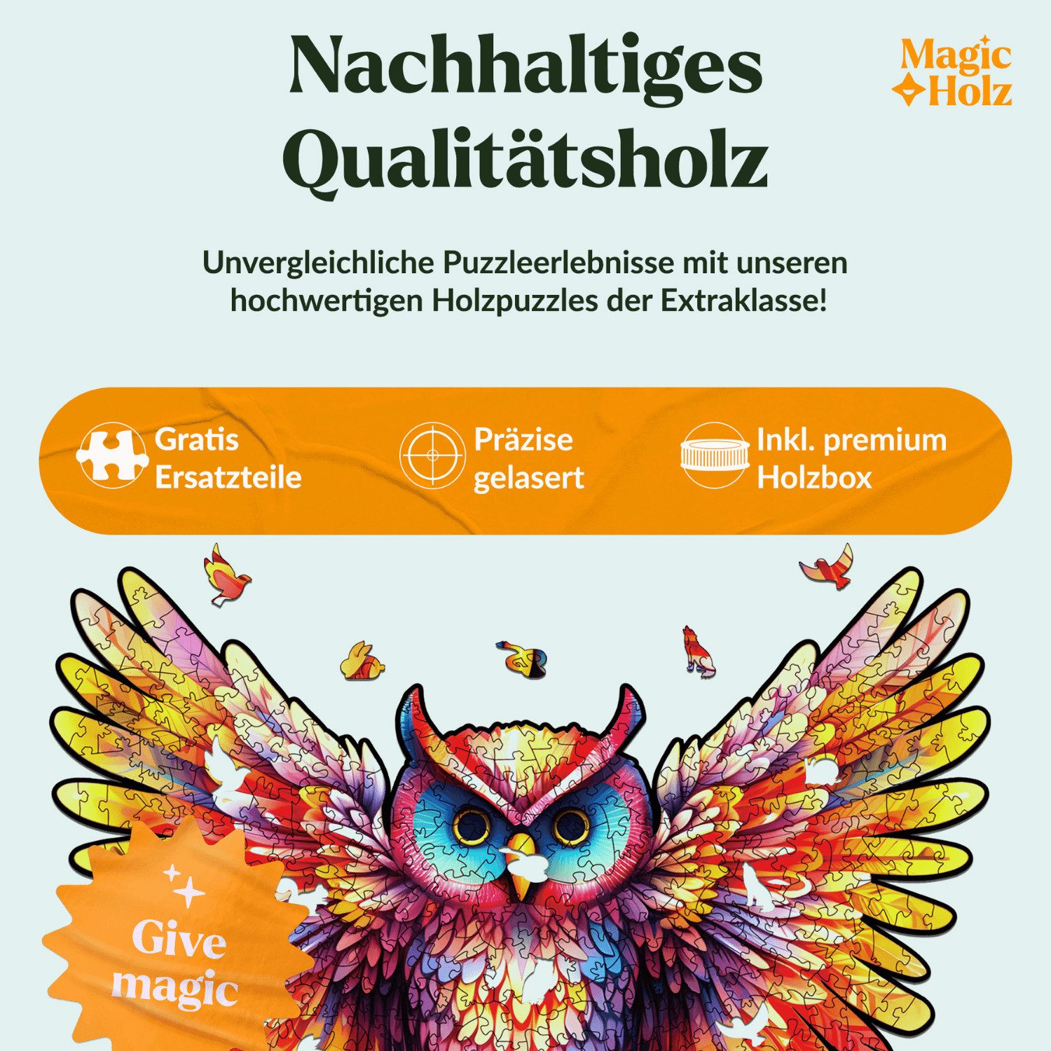 MagicHolz Puzzle MagicHolz Regenbogenfeder Eule Holzpuzzle, 178 Puzzleteile