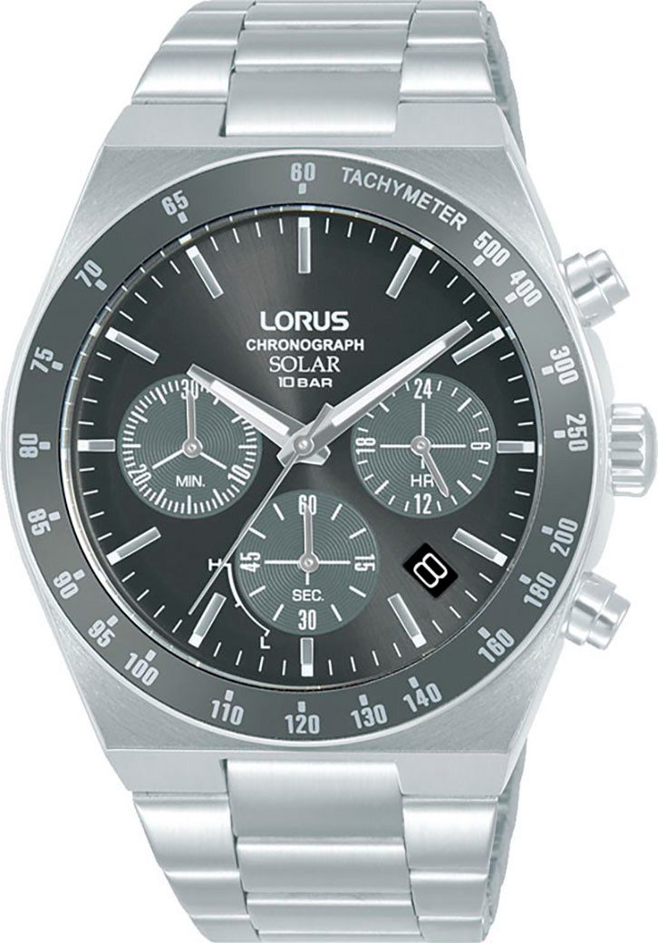 LORUS Chronograph RZ519AX9, Armbanduhr, Solar, Herrenuhr, Edelstahlarmband, Datum, Stoppfunktion