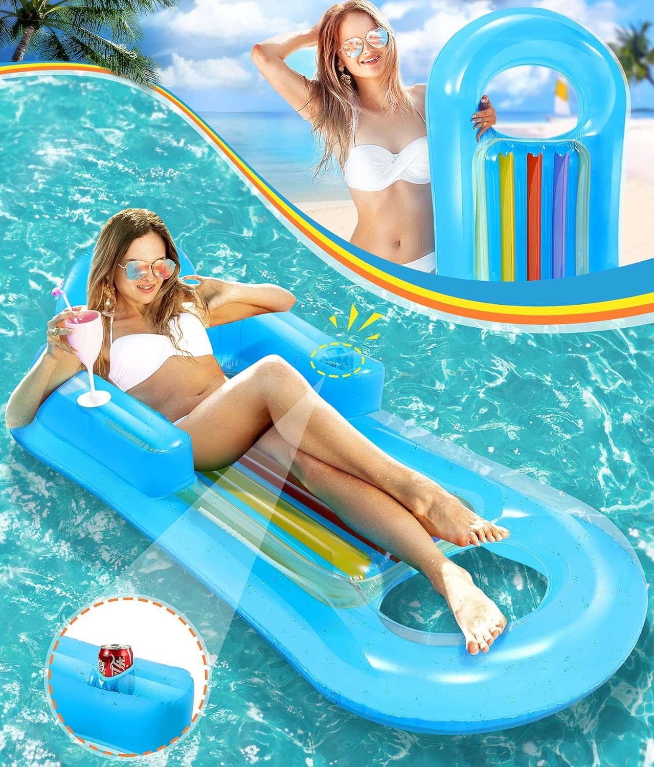 LENBEST Luftmatratze Wasser Hängematte Aufblasbare Pool, (Tragbare Wasserhängematte mit Tasse Löchern und Kopfstütze - Strand Schwimmstuhl Liege für Kinder Erwachsene (145 * 70cm)