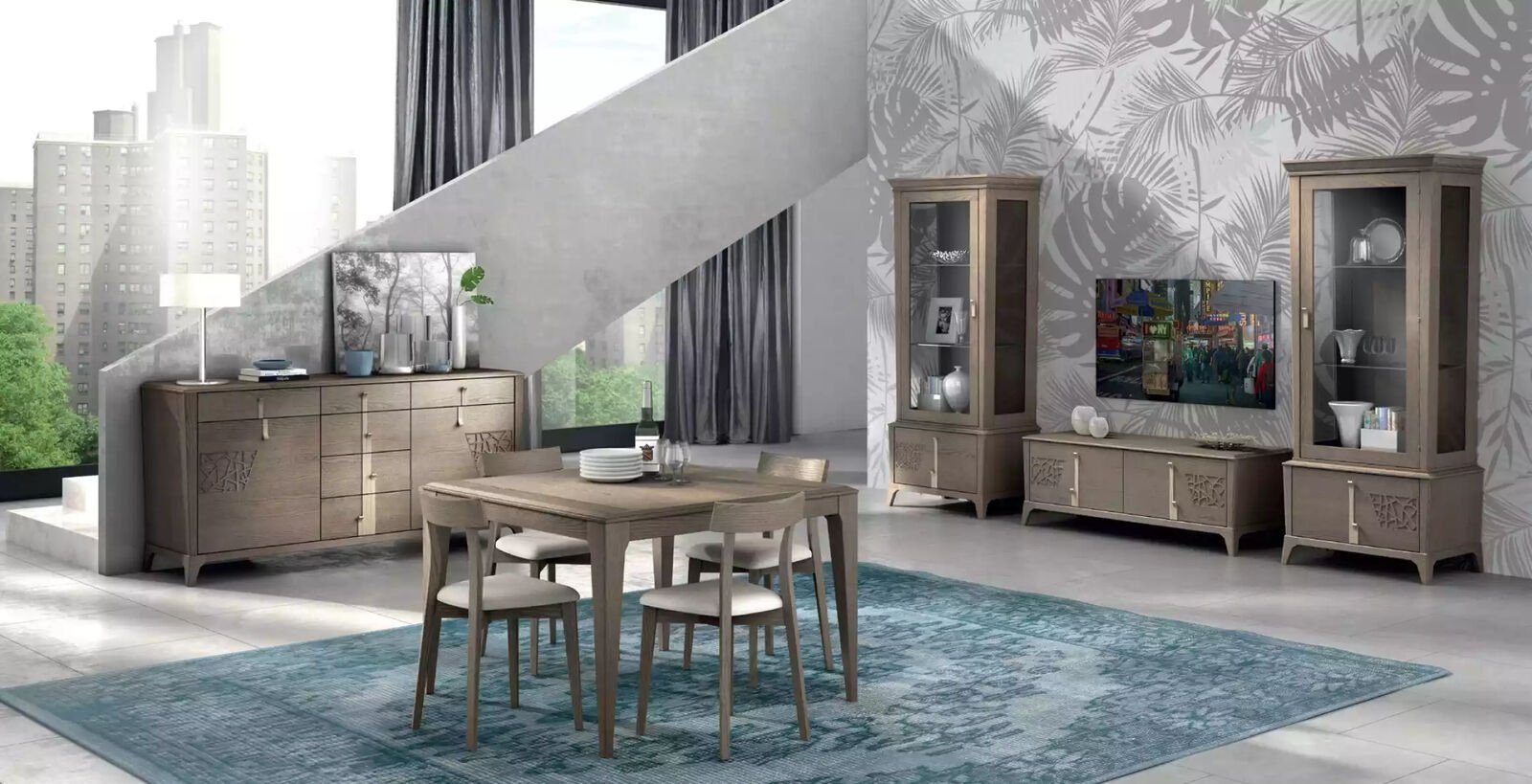 (9-St), Made Luxuriöse, Sideboard Esszimmer-Set Esszimmer Stühle TV JVmoebel Set Italy 9 4x in Staender tlg Esstisch