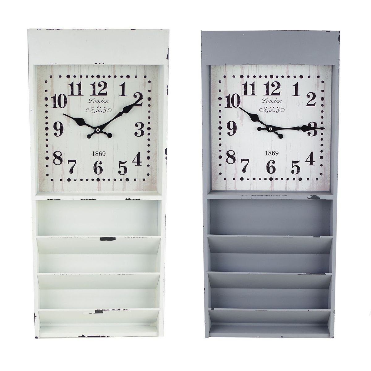 Wandregal weiß in im Uhr integrierter (mit 3 mit grau oder Uhr Vintagelook Fächern)