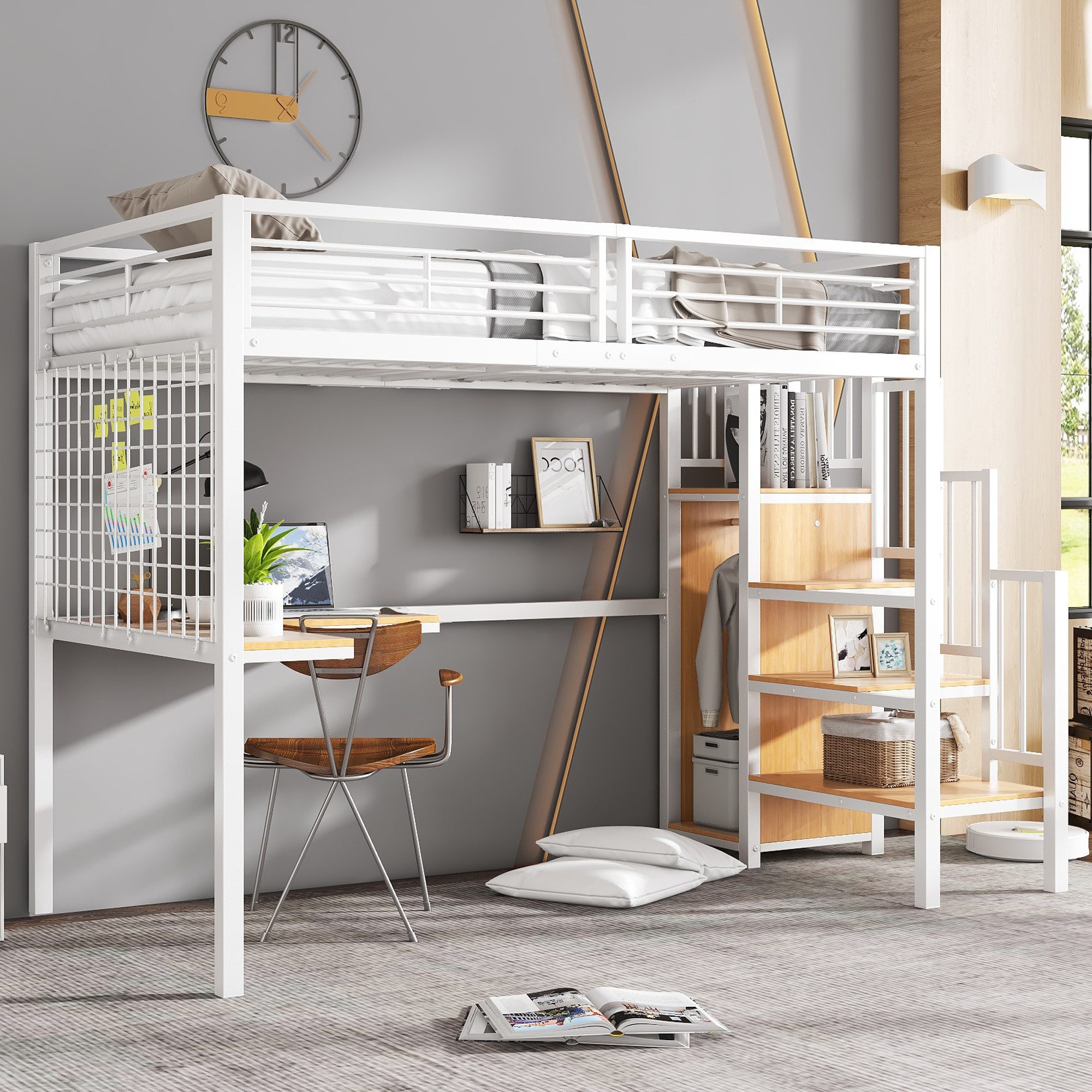 Flieks Hochbett Kinderbett Metallbett 90x200cm mit Seitenleiter Tisch Kleiderschrank
