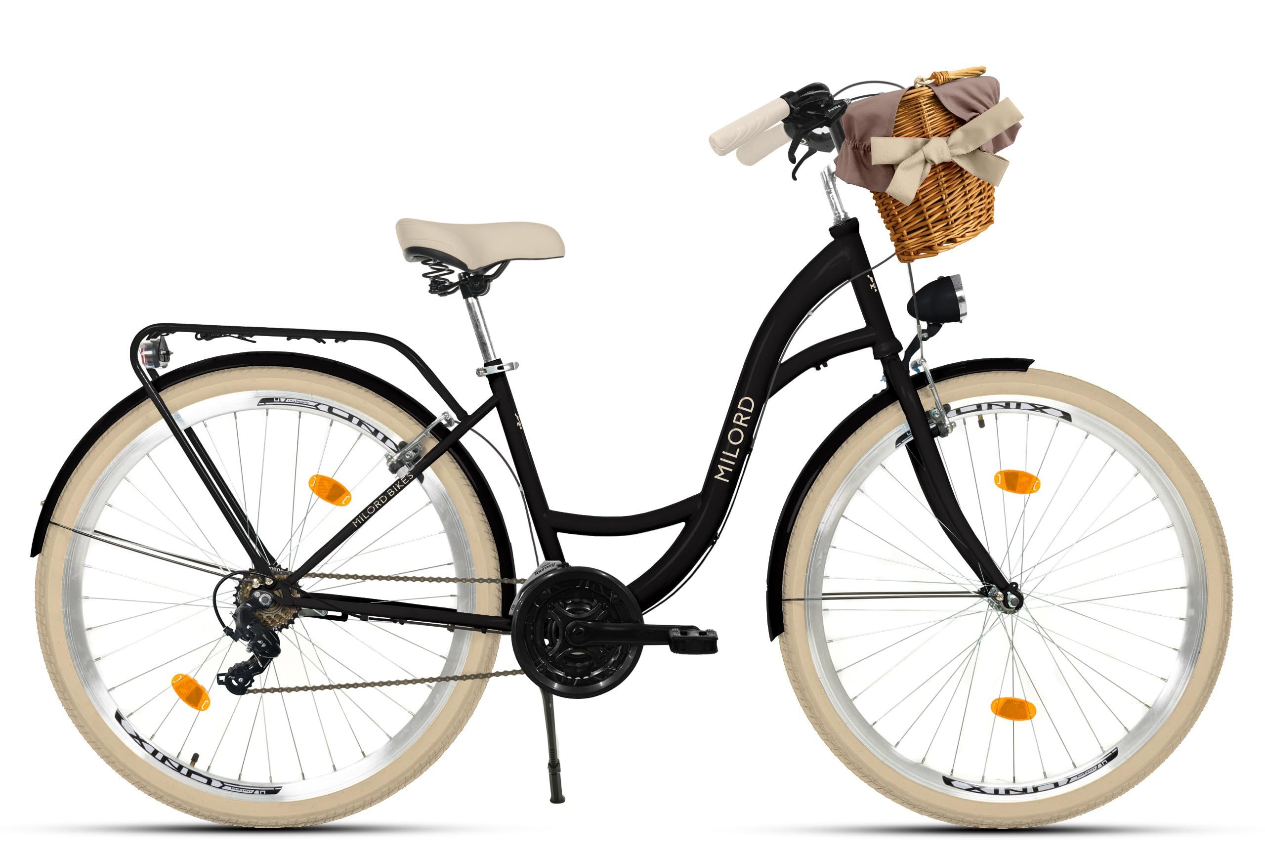 Milord Cityrad Damenfahrrad Citybike Mit Weidenkorb Fahrrad, 26/28 Zoll, 21-Gang, 21 Gang, (Fahrradständer, Gepäckträger, Klingel, Korb, Kotflügel)