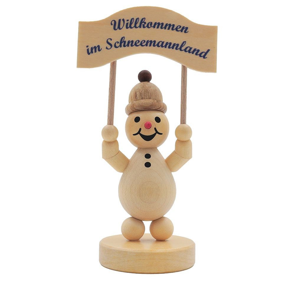 Drechslerei Volkmar Wagner Räuchermännchen Schneemann Junior „mit Willkommengruß“ auf Sockel - 9 cm - Orig. Erzg.