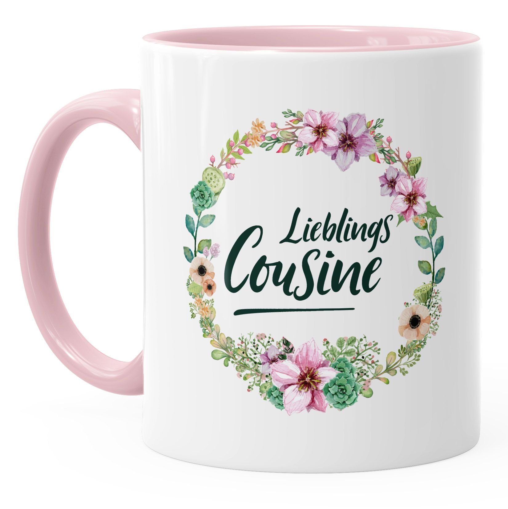 MoonWorks Tasse Kaffee-Tasse Geschenktasse Geschenk Bordüre Familie Blüten Blumenranke Cousine Lieblingscousine Keramik MoonWorks®, Blumen rosa für
