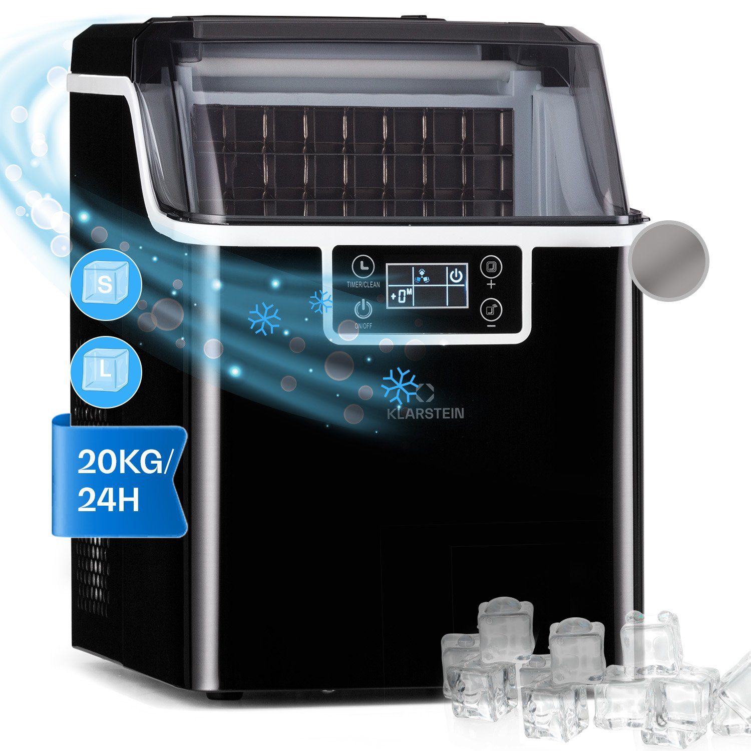 Klarstein Eiswürfelmaschine Chios Eiswürfelmaschine 20 kg/24h Selbstreinigung 3,2L Tank 2 Größen, Eiswürfelbereiter Ice Cube Maker Ice Maker mit Auto-Reinigung