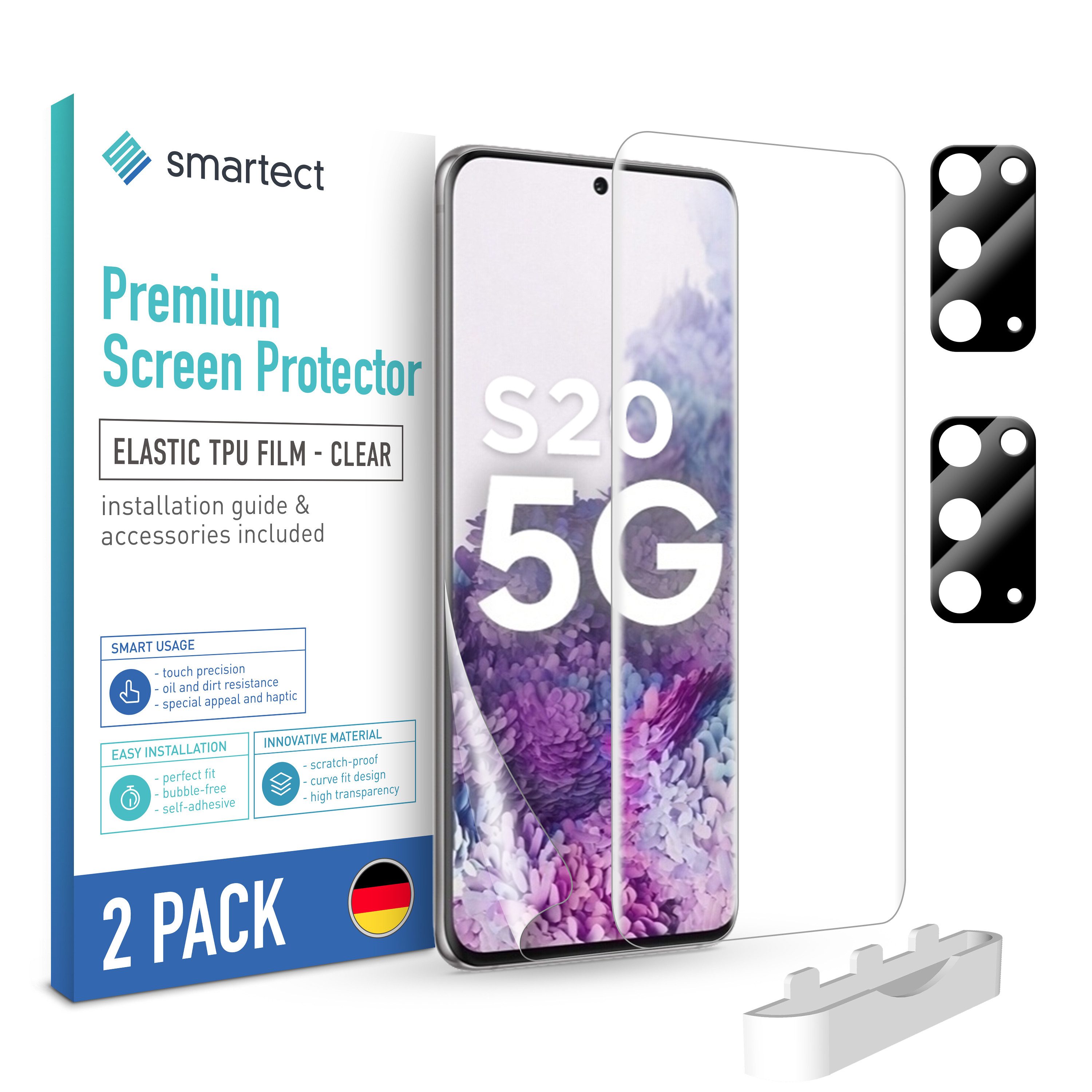 smartect Displayschutzfolie TPU Schutzfolie Klar für Samsung Galaxy S20, Set, 2 Stück, (Display + Kamera) Panzerfolie Displayfolie