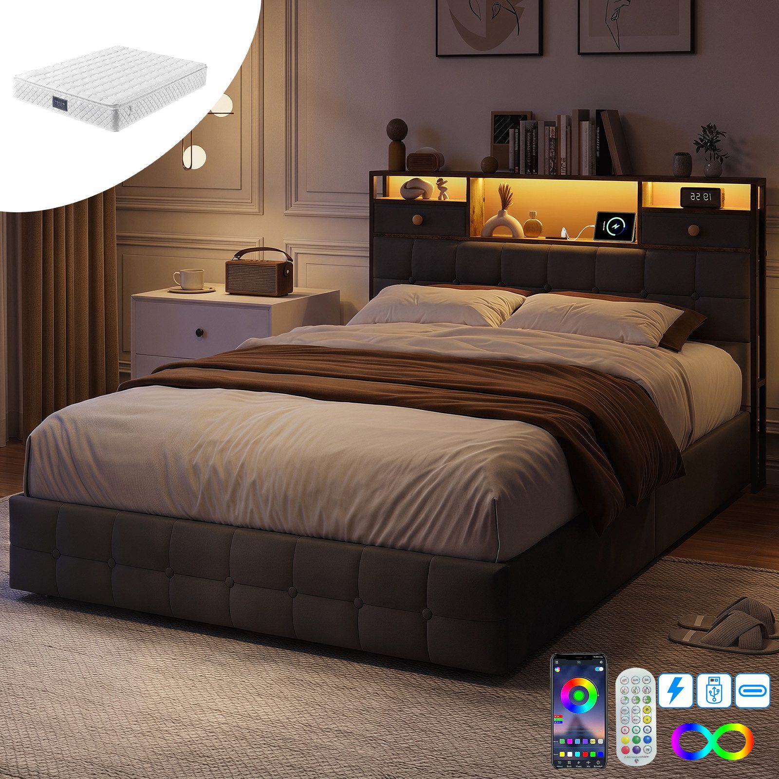 Yelenaro Polsterbett LED Beleuchtung Jugendbett Doppelbett (Set, 1-tlg., 140x200cm mit Ladefunktion und 6 Schubladen), Samt,Grau