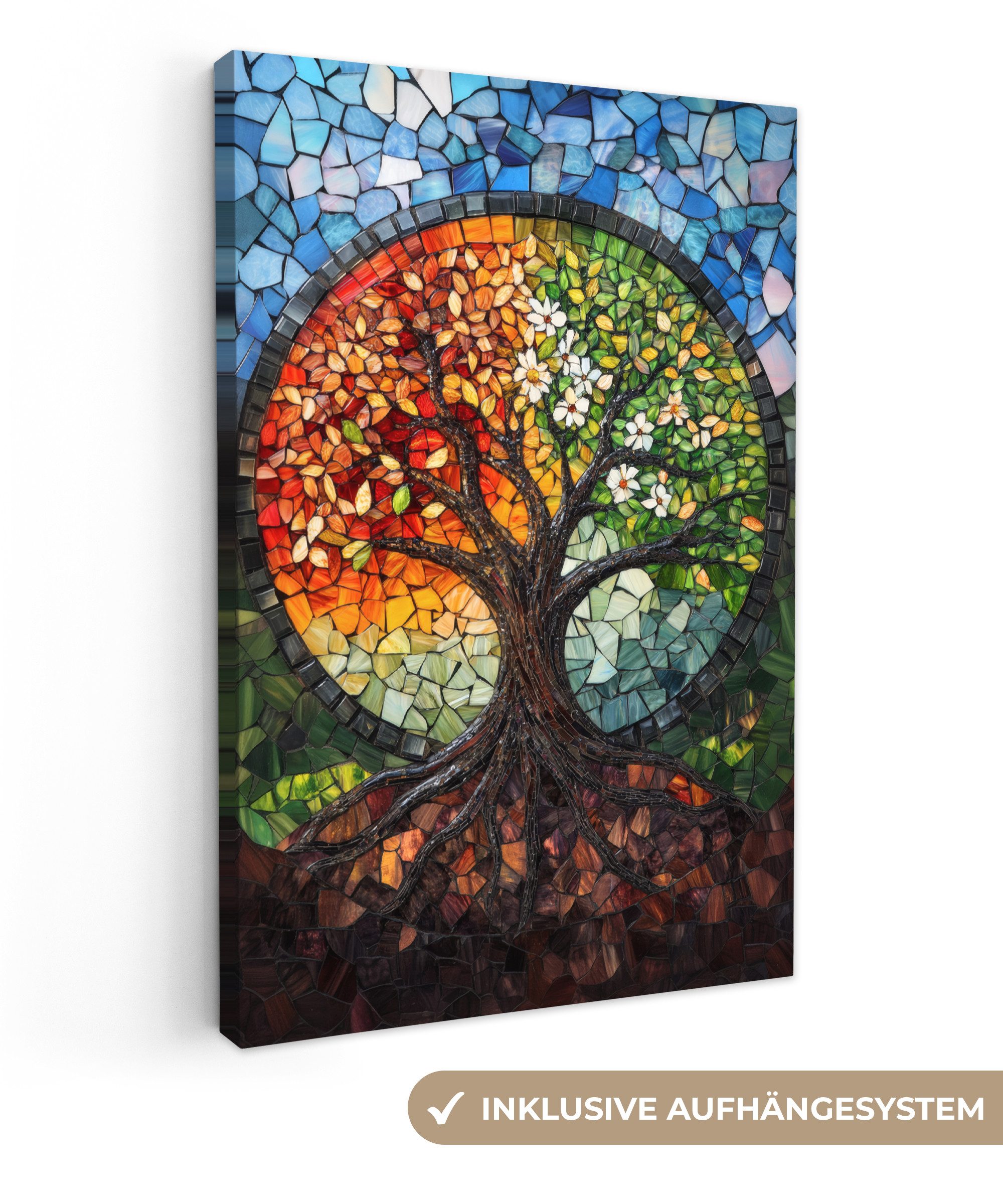 OneMillionCanvasses® Leinwandbild Baum - Jahreszeiten - Mosaik - Berge, Fotodruck (1 St), Leinwand Canvas Wandbild, Wanddekoration 20x30 cm