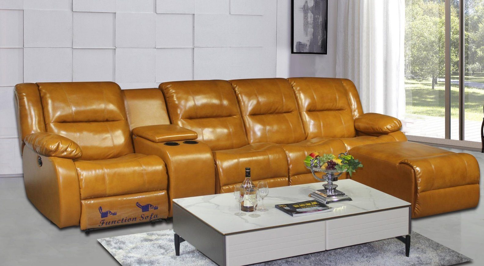 JVmoebel 4-Sitzer Braun Sofa 4 Sitzer mit Pouffe Polster Kunstleder Moderner Neu, 2 Teile, mit Relaxfunktion | Einzelsofas