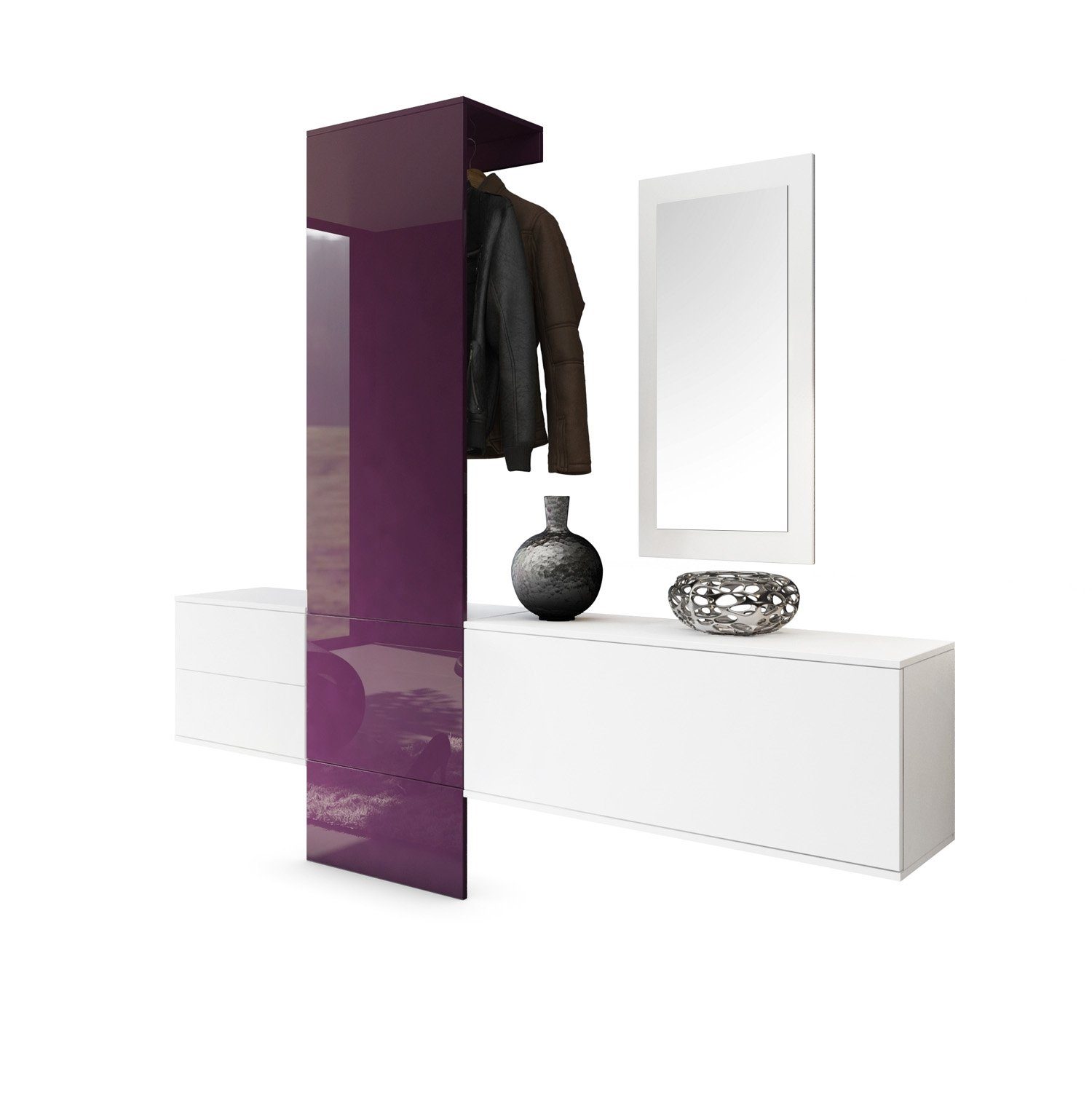 Vladon Garderoben-Set Carlton Set 1, (Wandgarderobe bestehend aus, 4-St., 1 Paneel, 1 Schubkastenschrank, 1 Schrankmodul und 1 Spiegel), Weiß matt/Brombeer Hochglanz (208 x 193 x 35 cm)