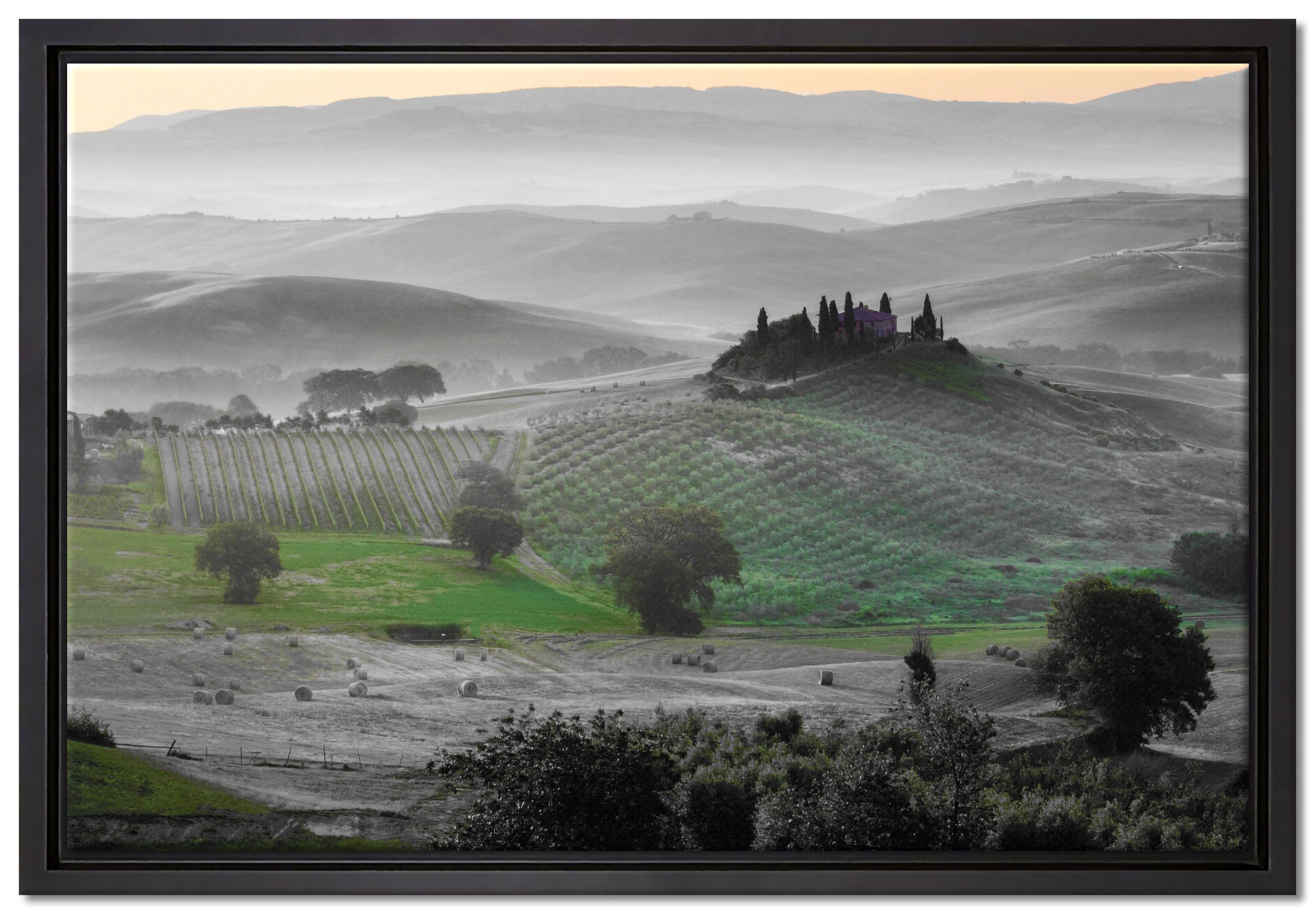 Pixxprint Leinwandbild herrliche Toskana Landschaft, Wanddekoration (1 St), Leinwandbild fertig bespannt, in einem Schattenfugen-Bilderrahmen gefasst, inkl. Zackenaufhänger