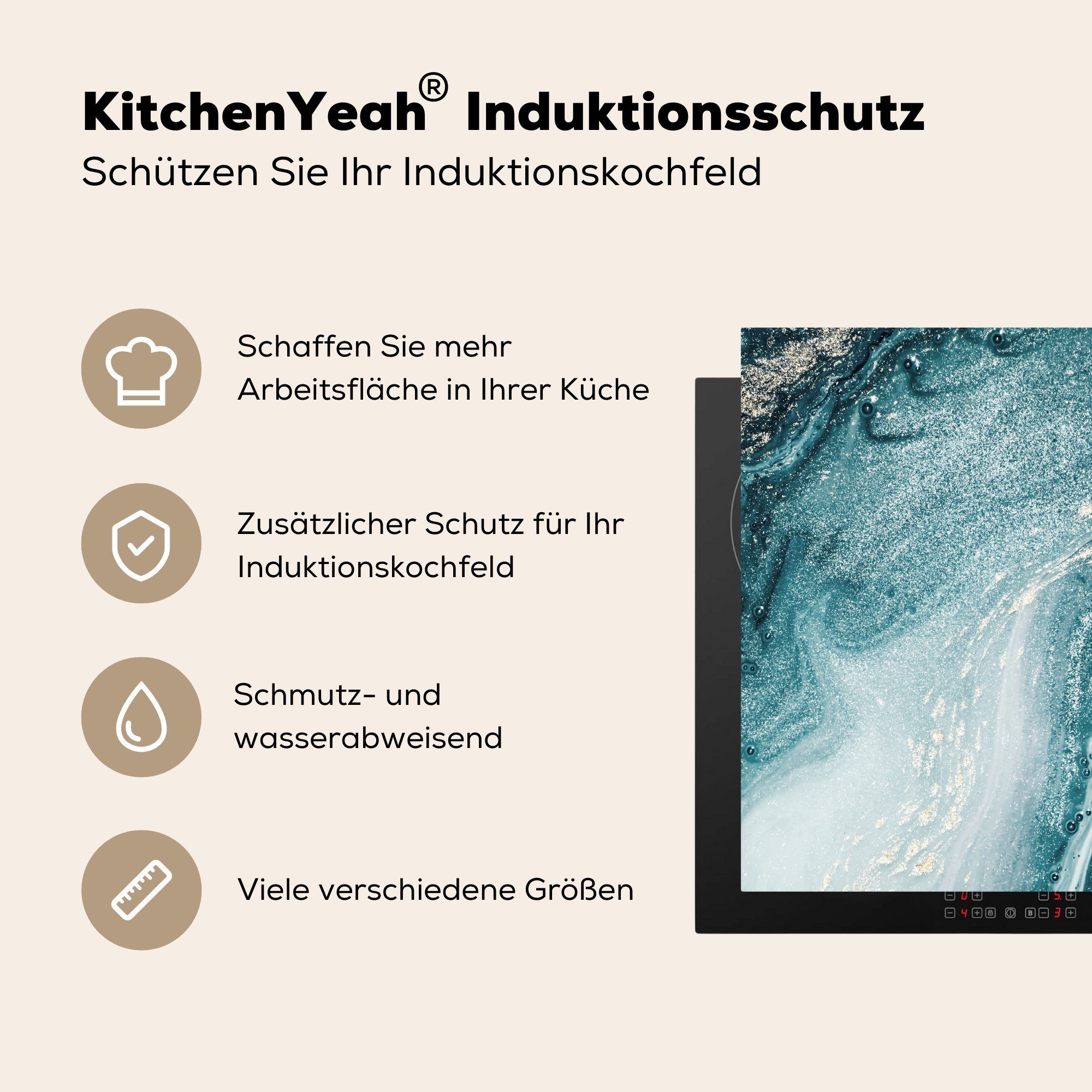 MuchoWow Herdblende-/Abdeckplatte Edelsteine - Blau Küchen Natur Vinyl, für Induktionsherd, 58x51 tlg), (1 Induktionskochfeld - Marmor Abstrakt, cm, - Dekoration 