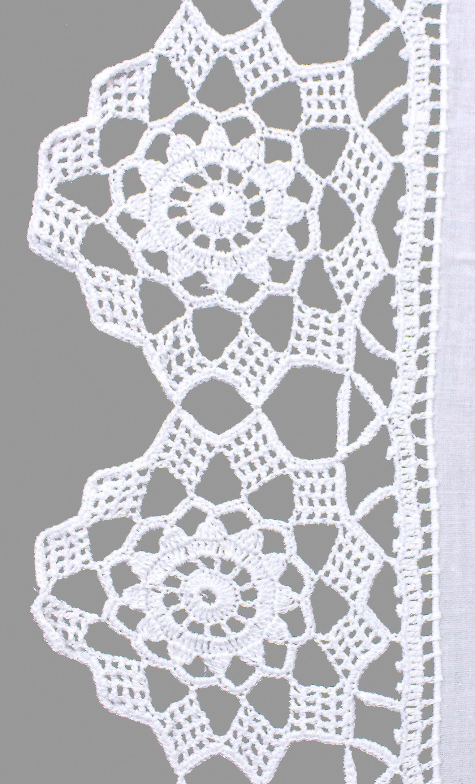 HOSSNER - ART OF HOME DECO Scheibengardine Dufour (1 St), Stangendurchzug, halbtransparent, Wirkware, handgehäkelte Spitze, weiß, Baumwolle
