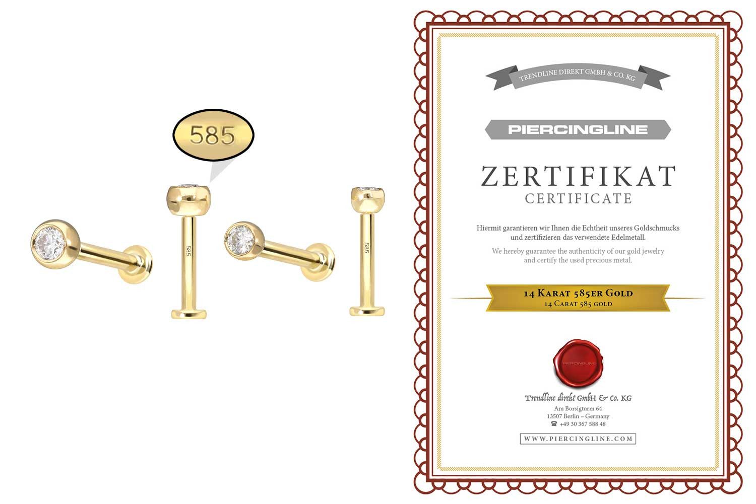 PIERCINGLINE Piercing-Set 14 Karat Gold Labret mit Innengewinde MOISSANIT (Labrets, 1-tlg)